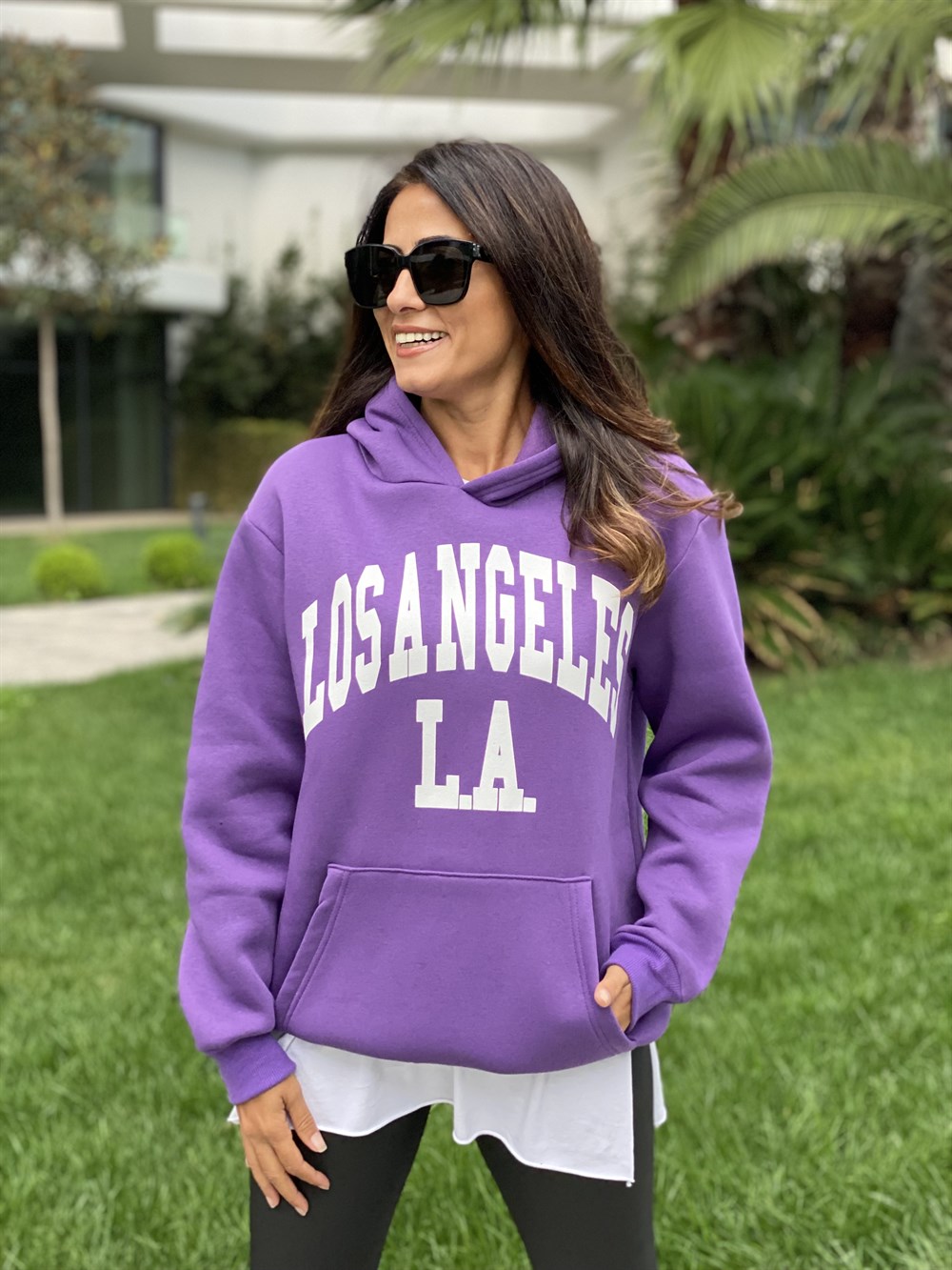 Mor Kapüşonlu Los Angeles Baskılı Kadın Sweatshirt