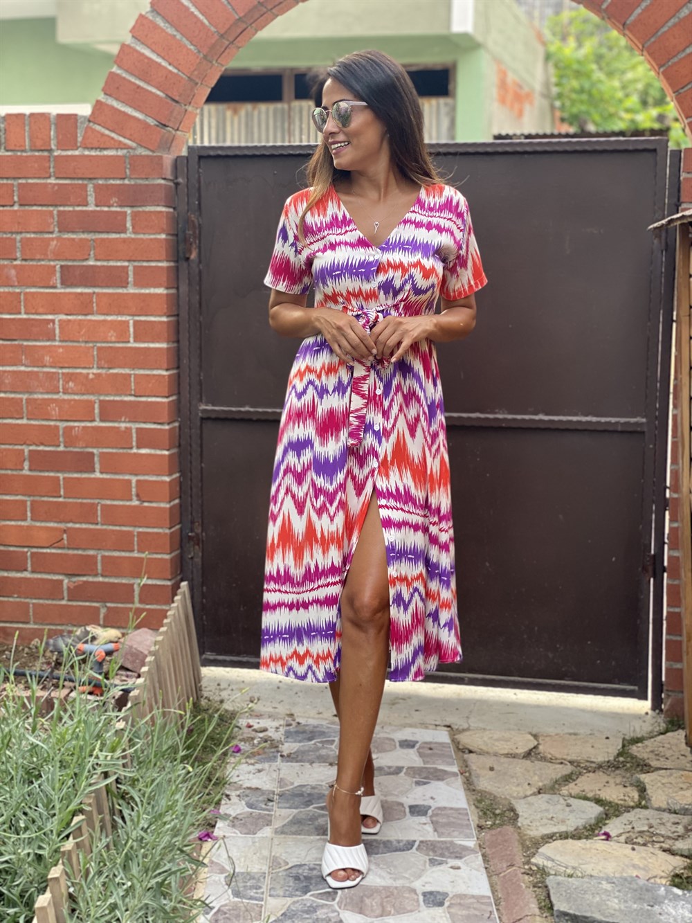 Mor Renkli Önü Düğmeli Kuşaklı  Kadın Elbise