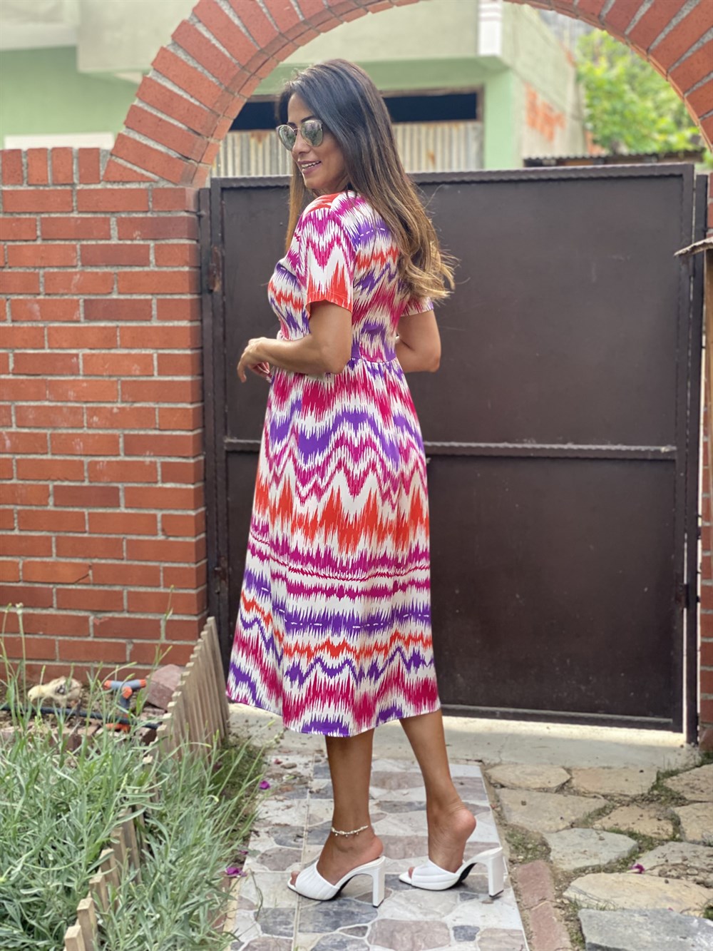 Mor Renkli Önü Düğmeli Kuşaklı  Kadın Elbise