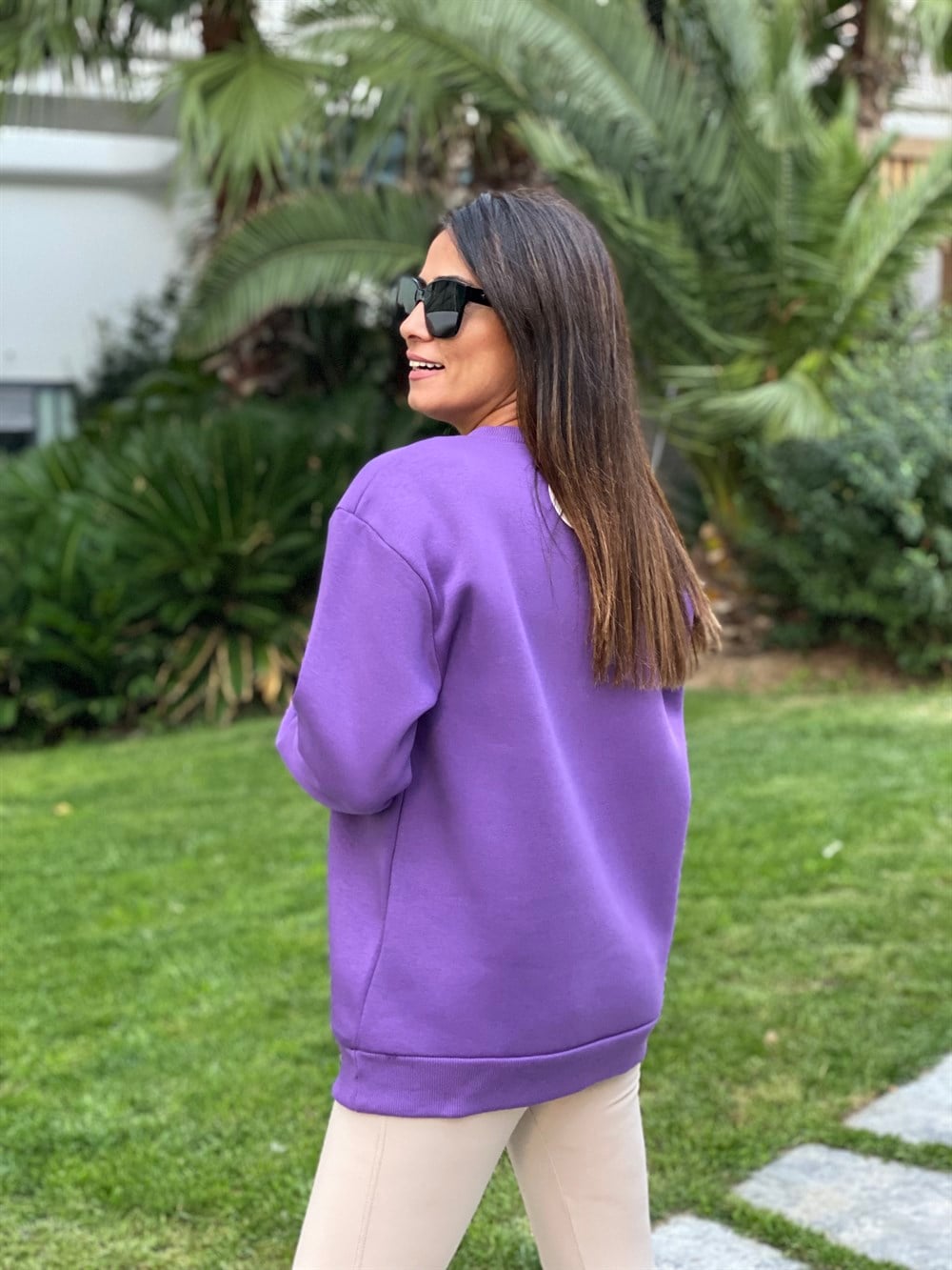 Mor San Bisiklet Yaka Kadın Sweatshirt