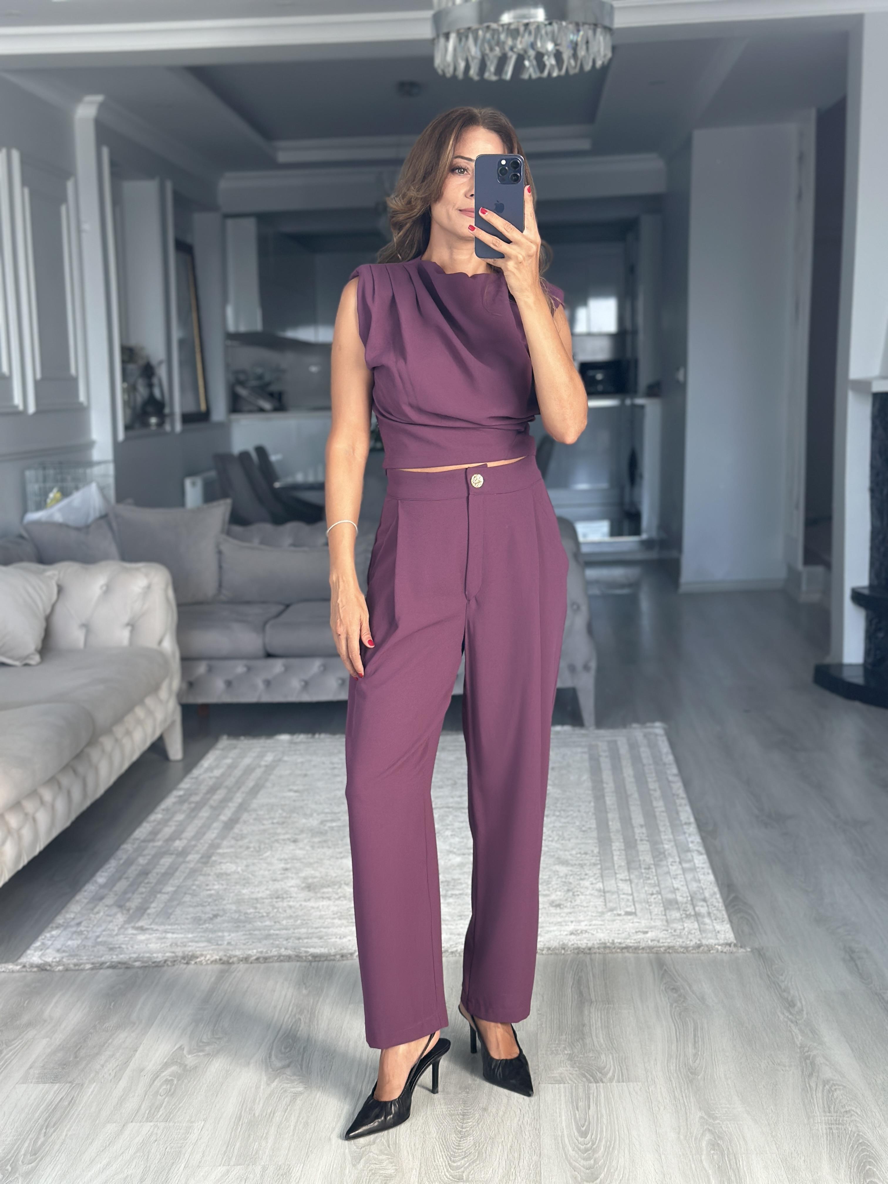 Mor Sıfır Kol Vatkalı Bluz Pantolon Kadın İkili Takım 