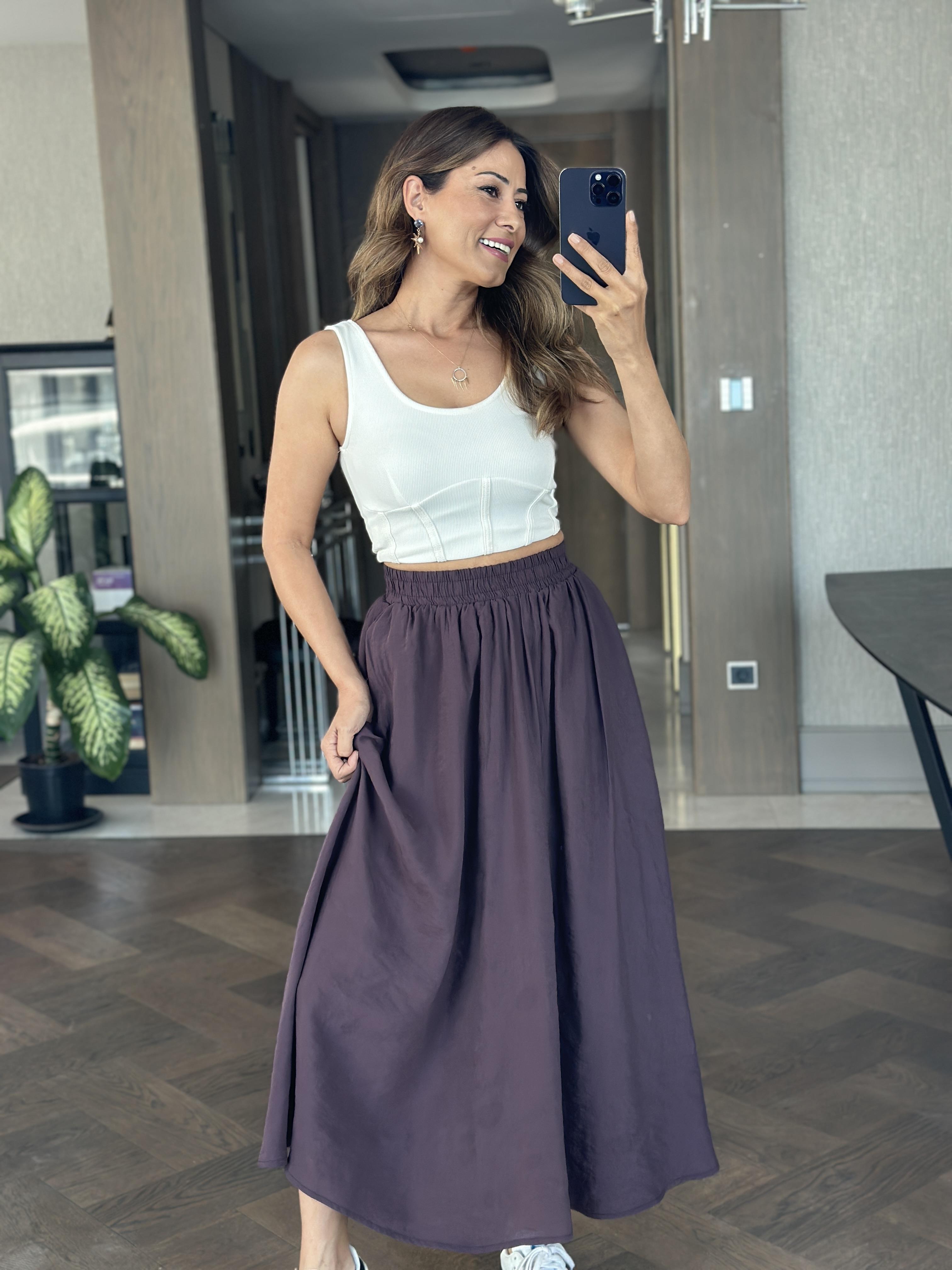 Mor Tnsl Kumaş Beli Lastikli Cepli Kadın Midi Boy Etek
