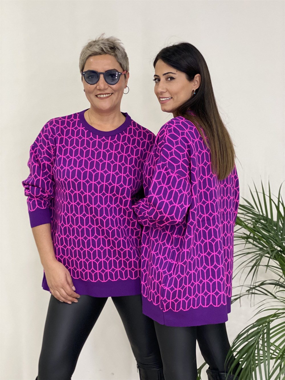 Mor Pembe Geometrik Desen Bisiklet Yaka Triko Kadın Kazak
