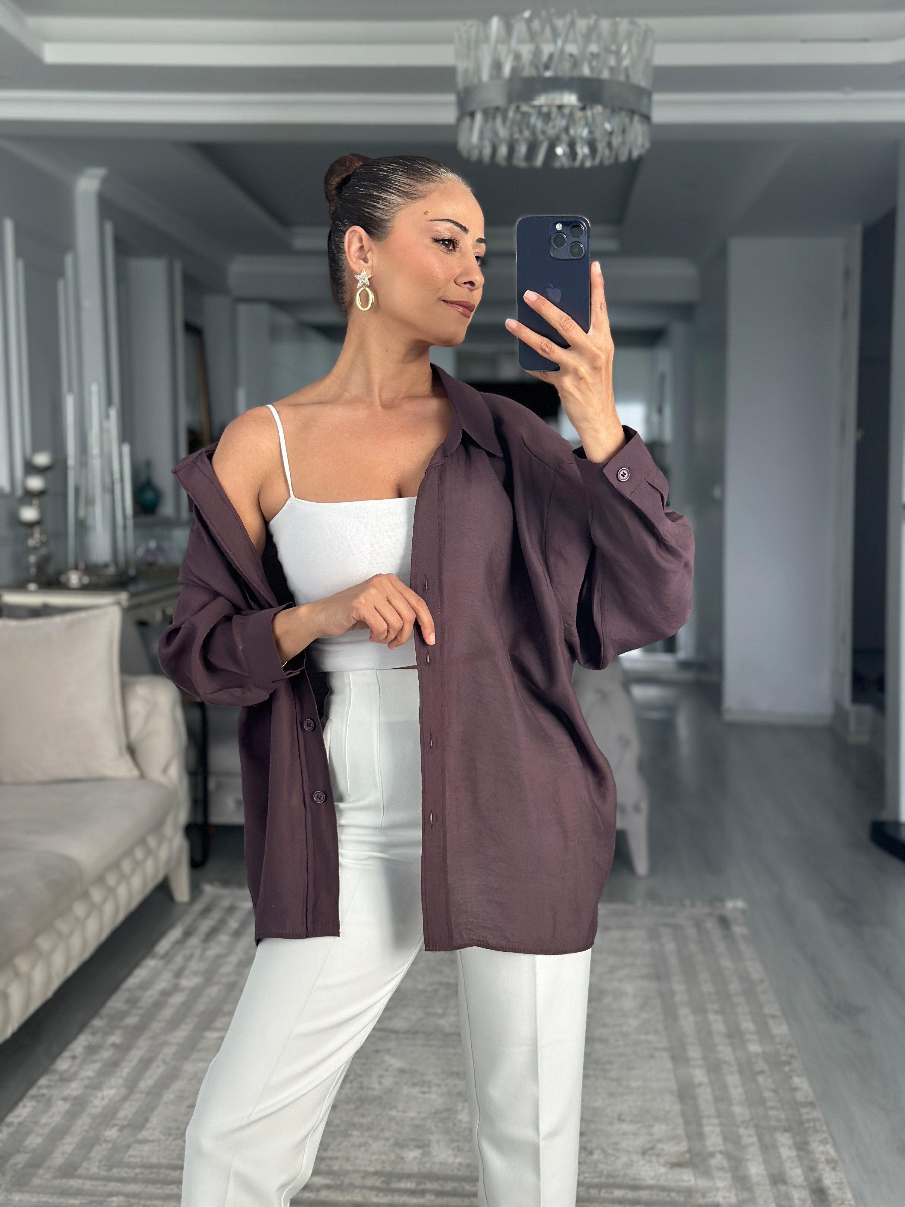 Mürdüm Düşük Omuzlu Oversize Kadın Gömlek