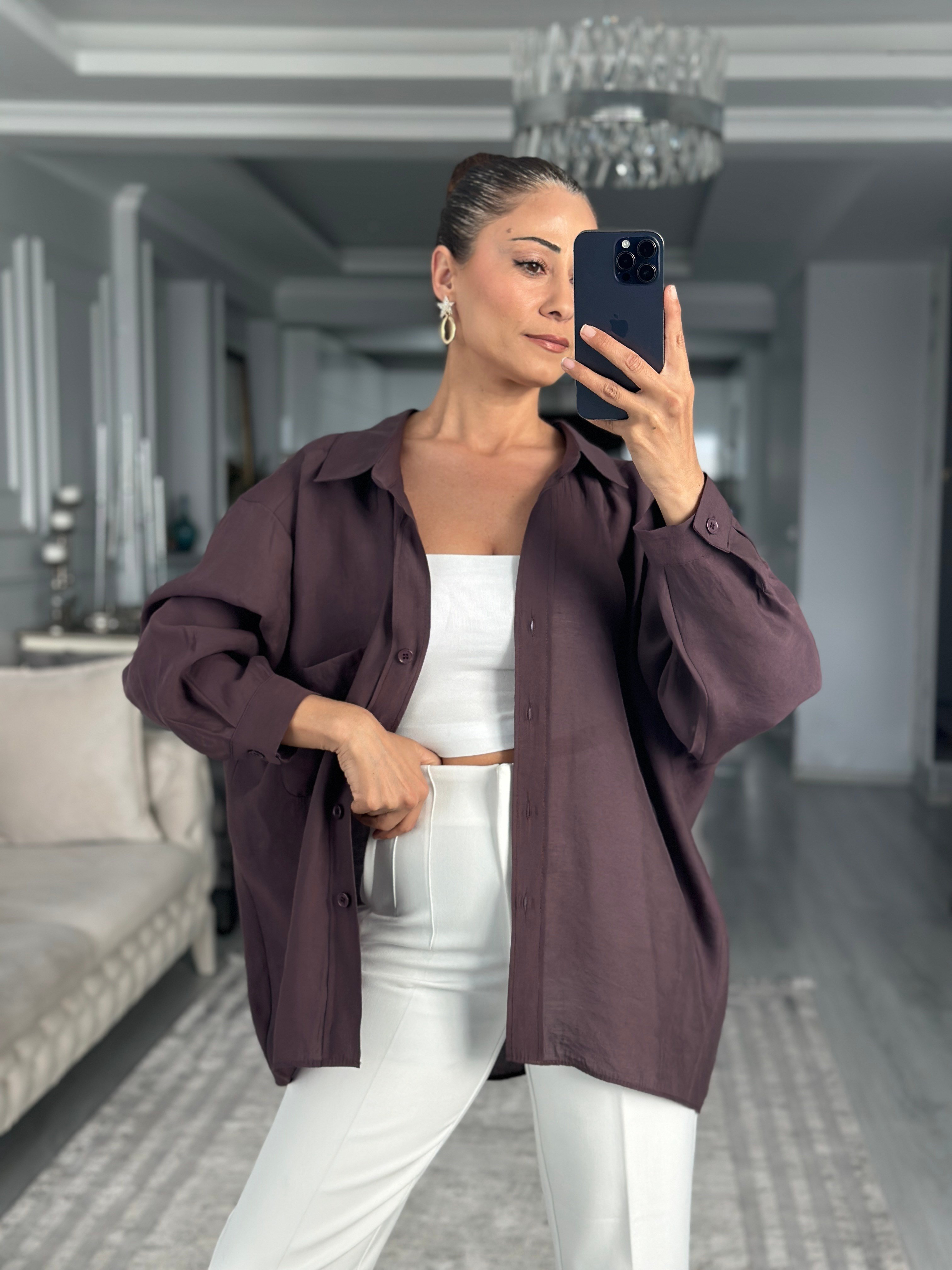 Mürdüm Düşük Omuzlu Oversize Kadın Gömlek