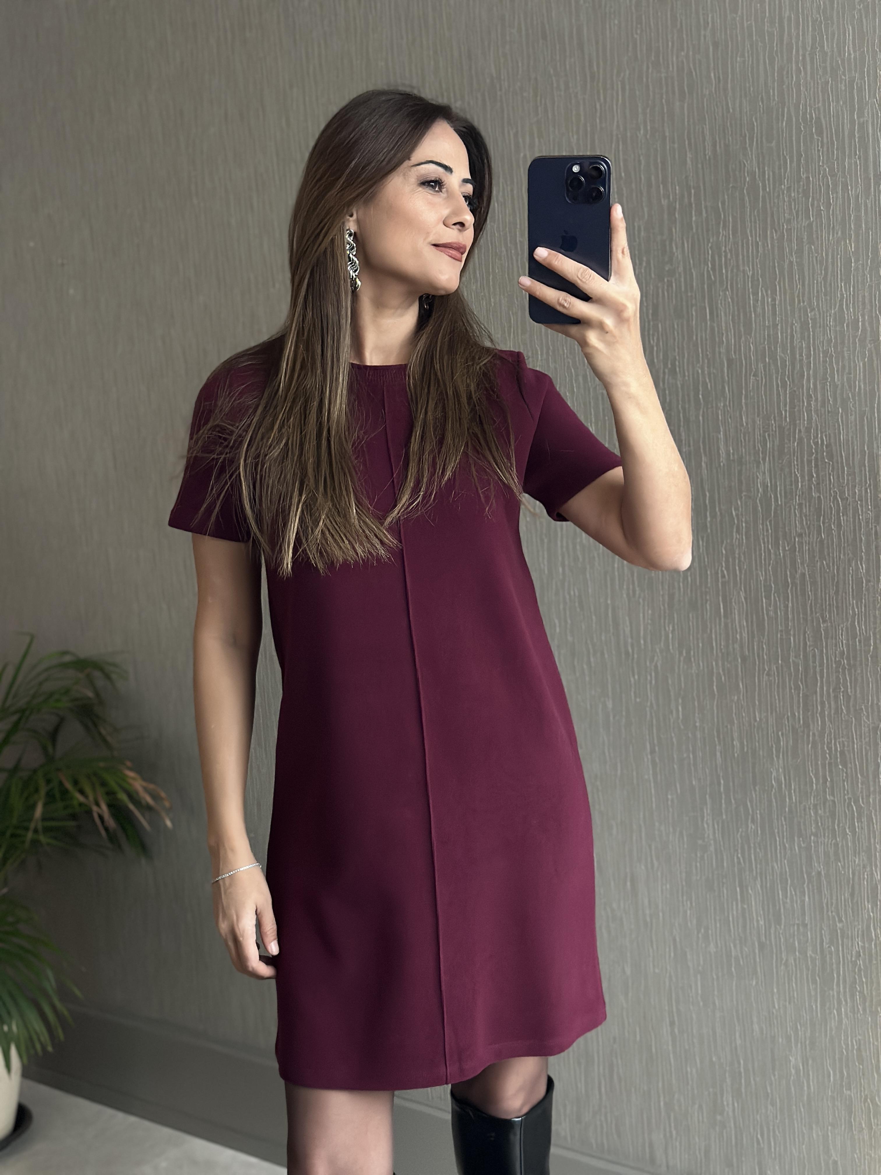 Mürdüm Kısa Kol Bisiklet Yaka Fitilli Kadife Kadın Mini Elbise