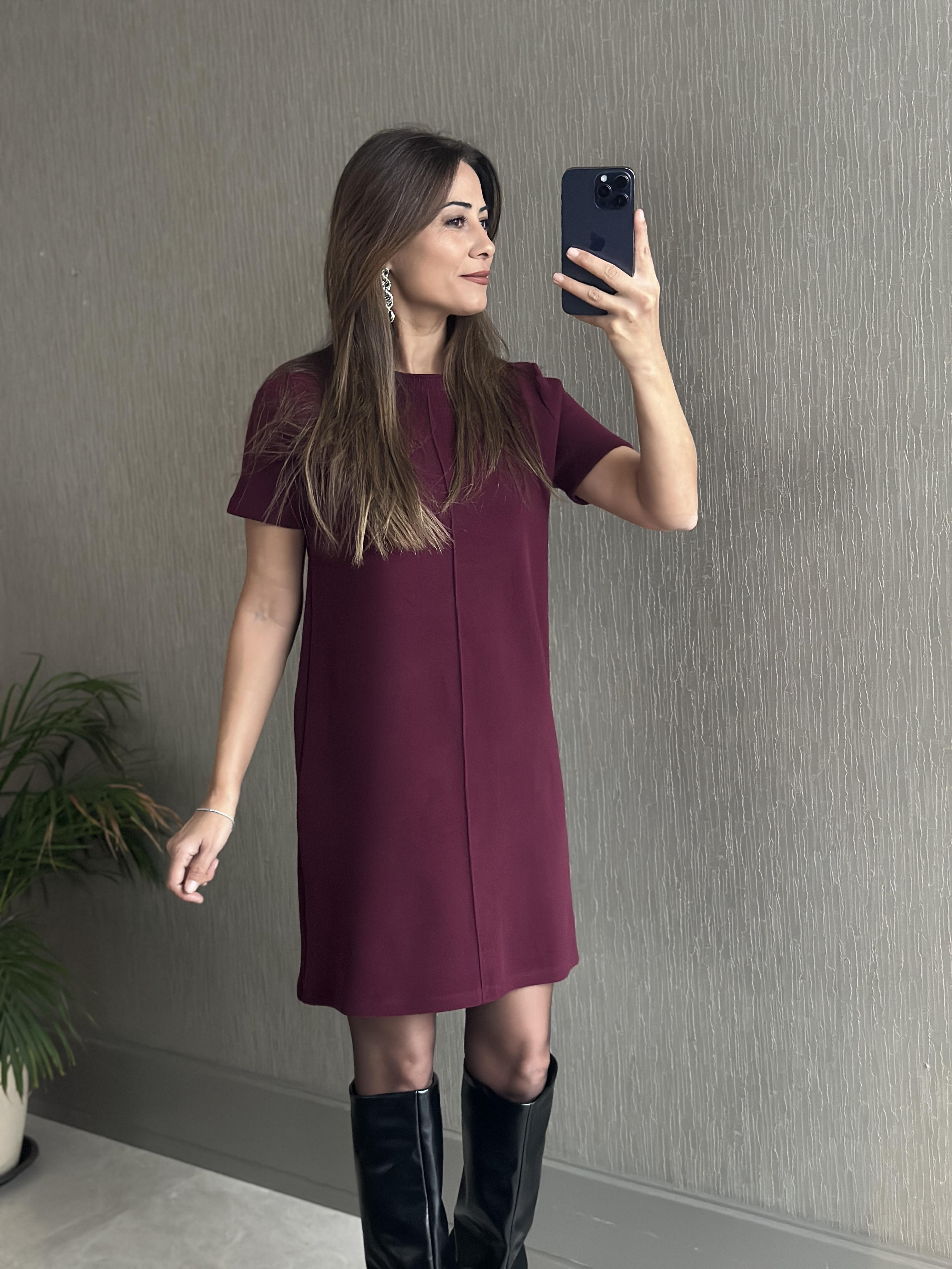 Mürdüm Kısa Kol Bisiklet Yaka Fitilli Kadife Kadın Mini Elbise