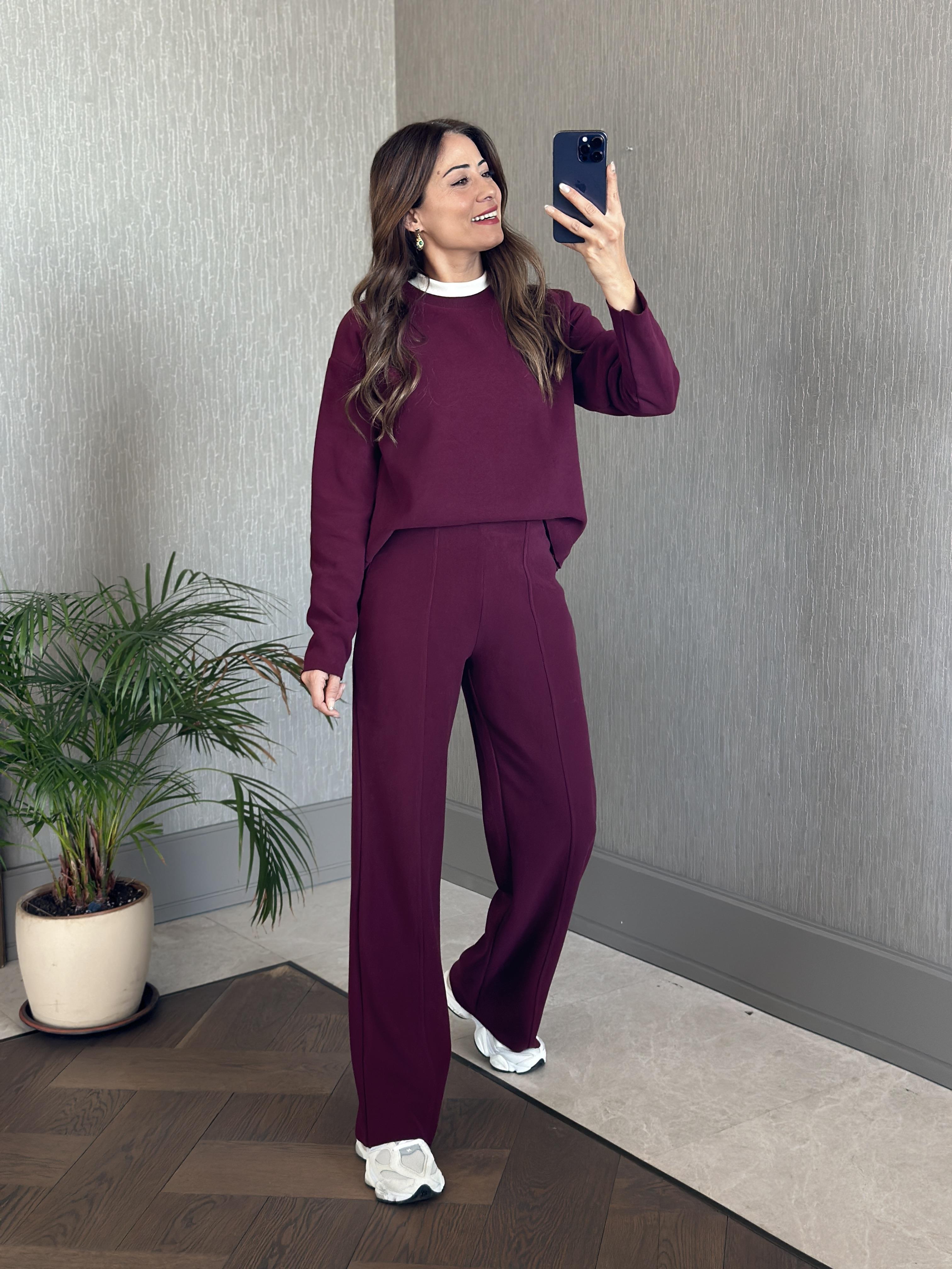 Mürdüm Selanik Eteği Ve Paçası Kesik Sweatshirt Pantolon Kadın Alt Üst Takım
