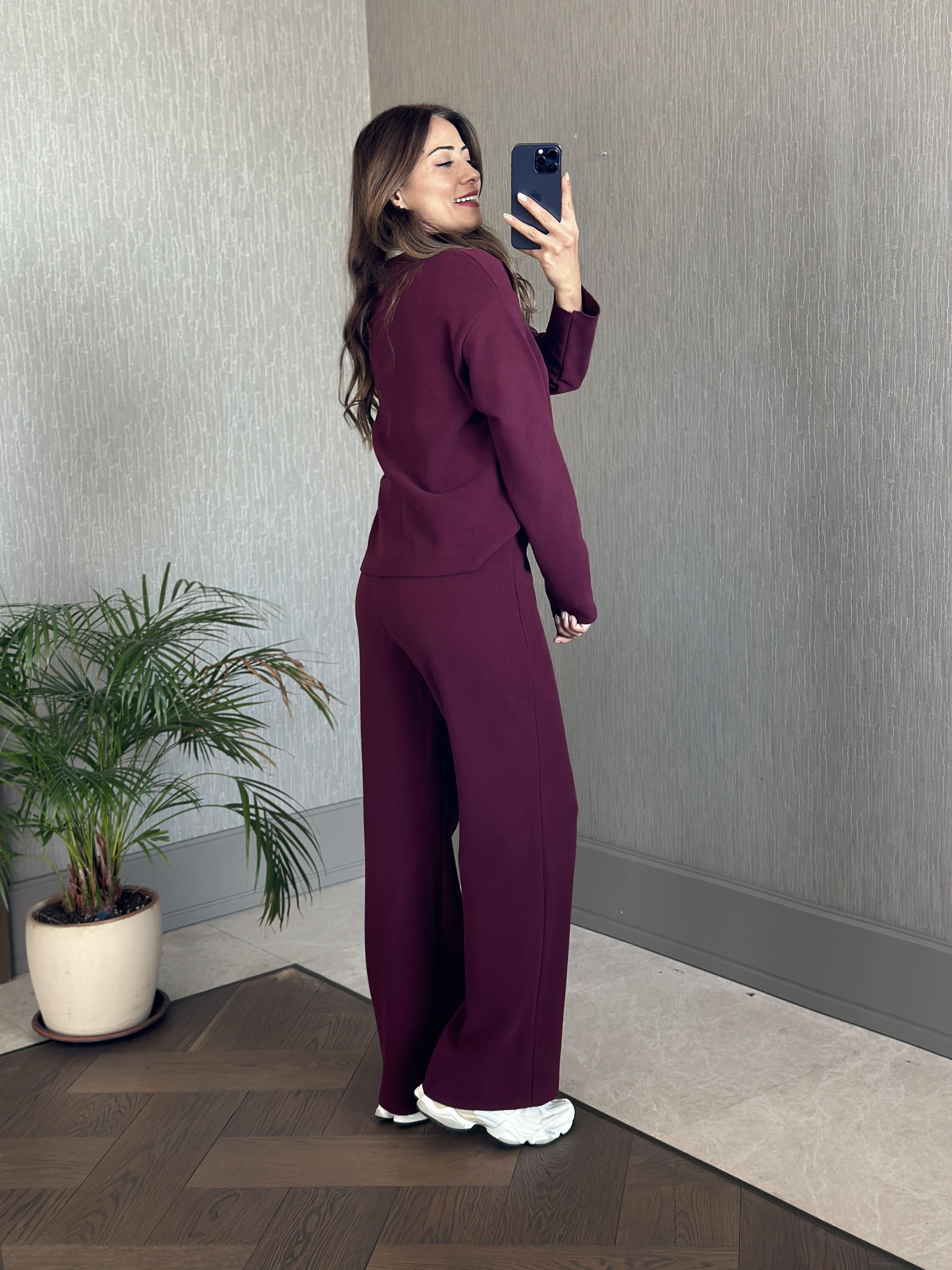 Mürdüm Selanik Eteği Ve Paçası Kesik Sweatshirt Pantolon Kadın Alt Üst Takım
