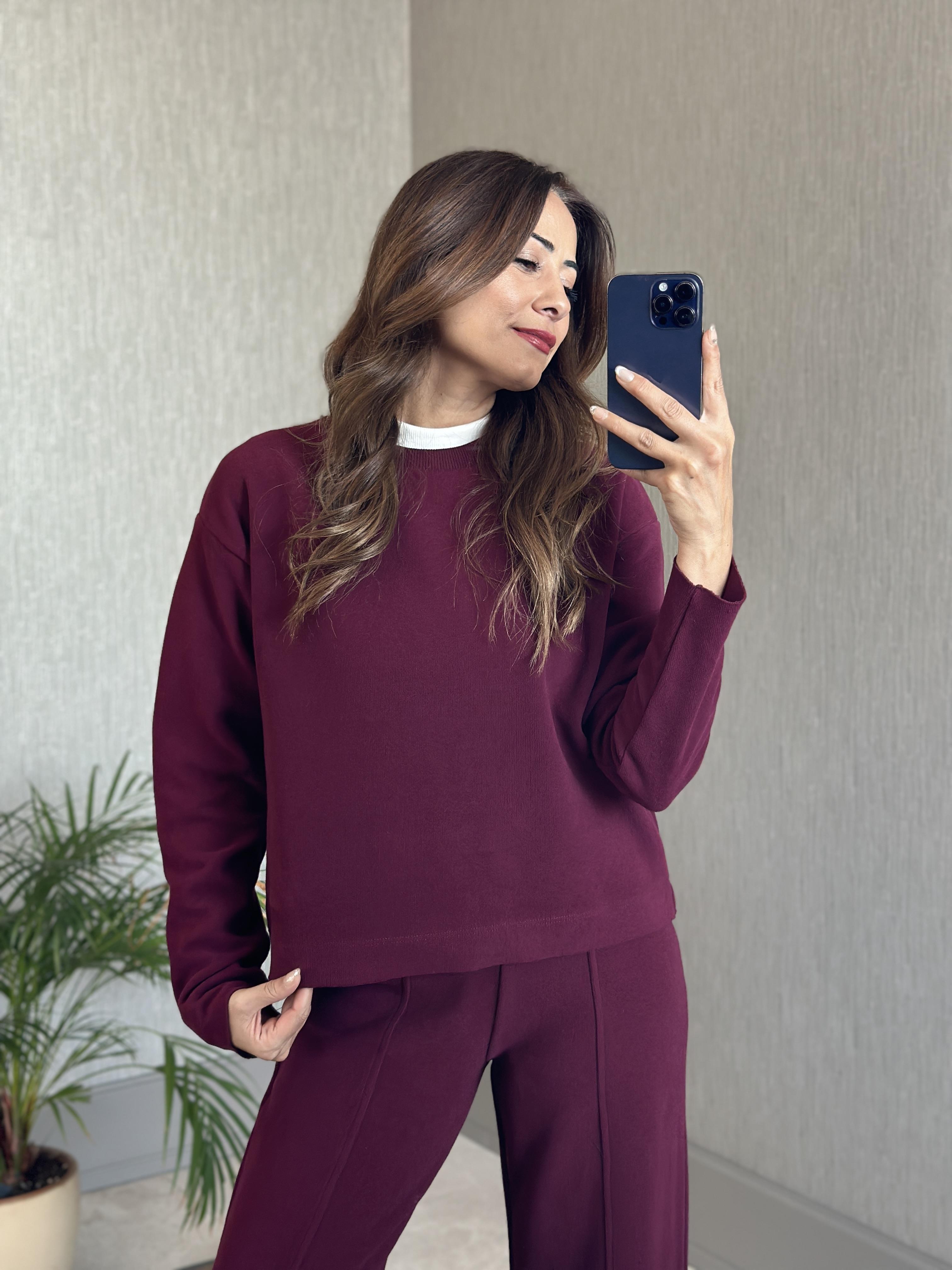 Mürdüm Selanik Eteği Ve Paçası Kesik Sweatshirt Pantolon Kadın Alt Üst Takım