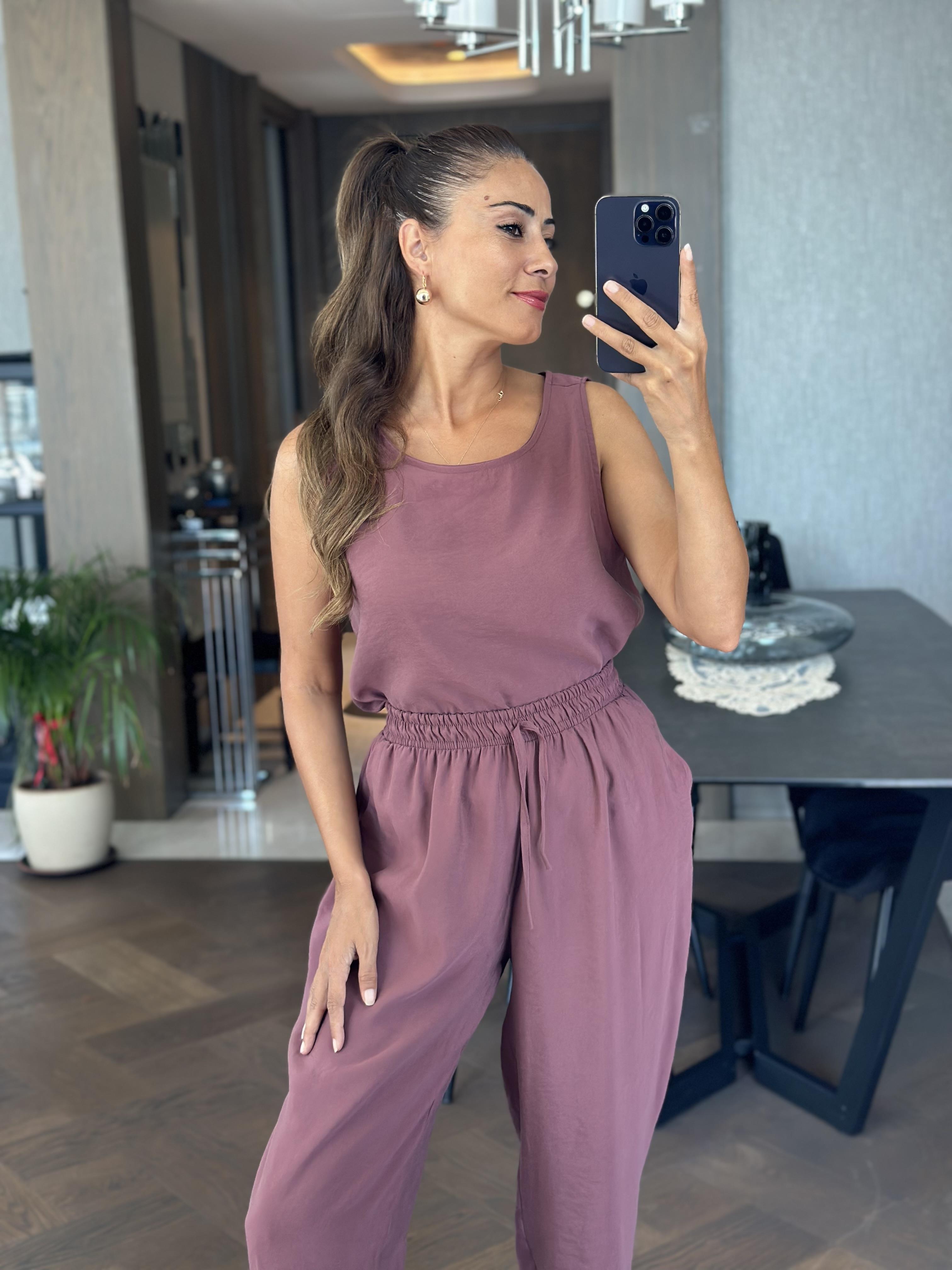 Mürdüm Sıfır Kol Bluz Pantolon Tnsel Alt Üst Takım