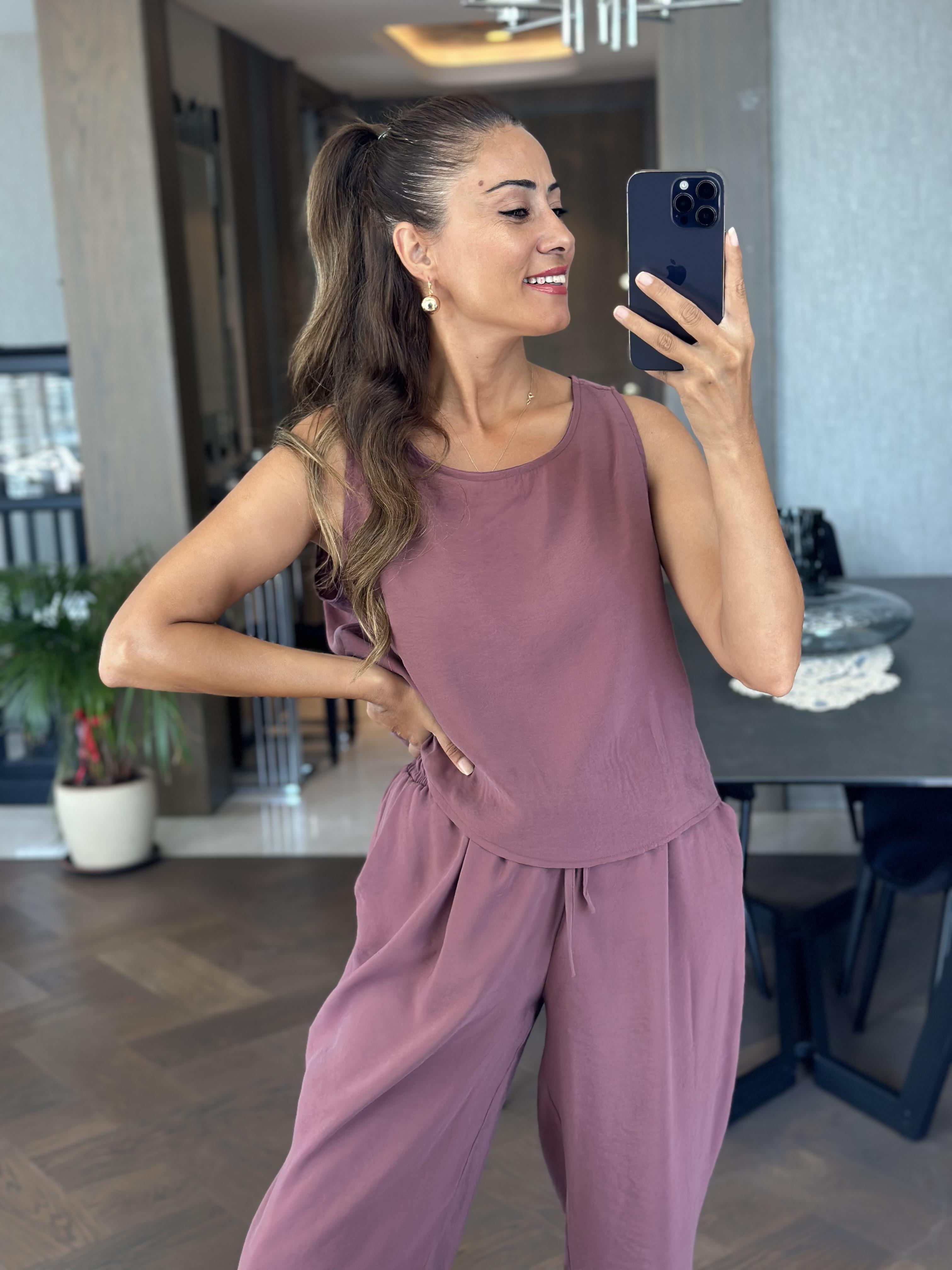 Mürdüm Sıfır Kol Bluz Pantolon Tnsel Alt Üst Takım
