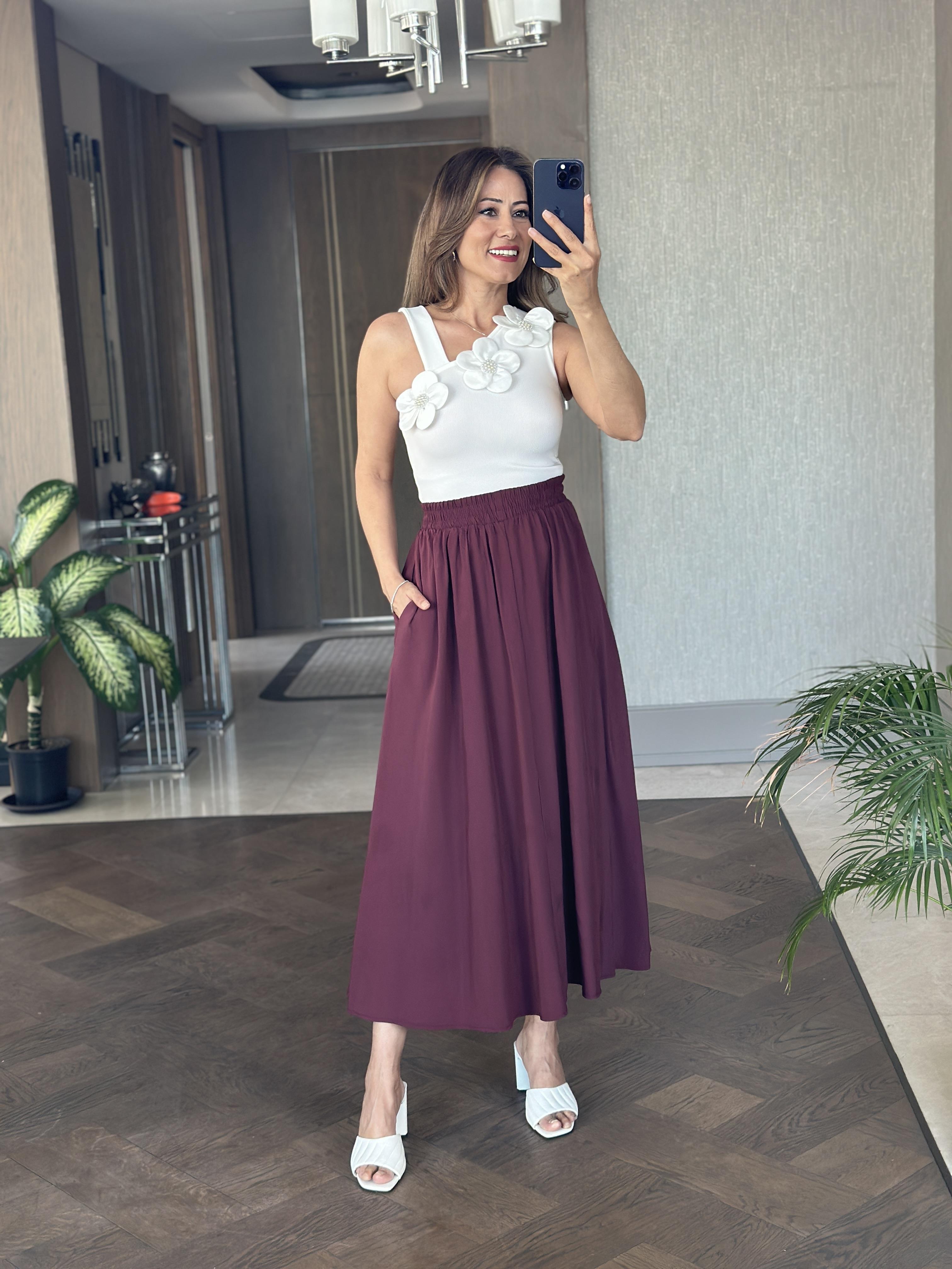 Mürdüm Tnsl Kumaş Beli Lastikli Cepli Kadın Midi Boy Etek