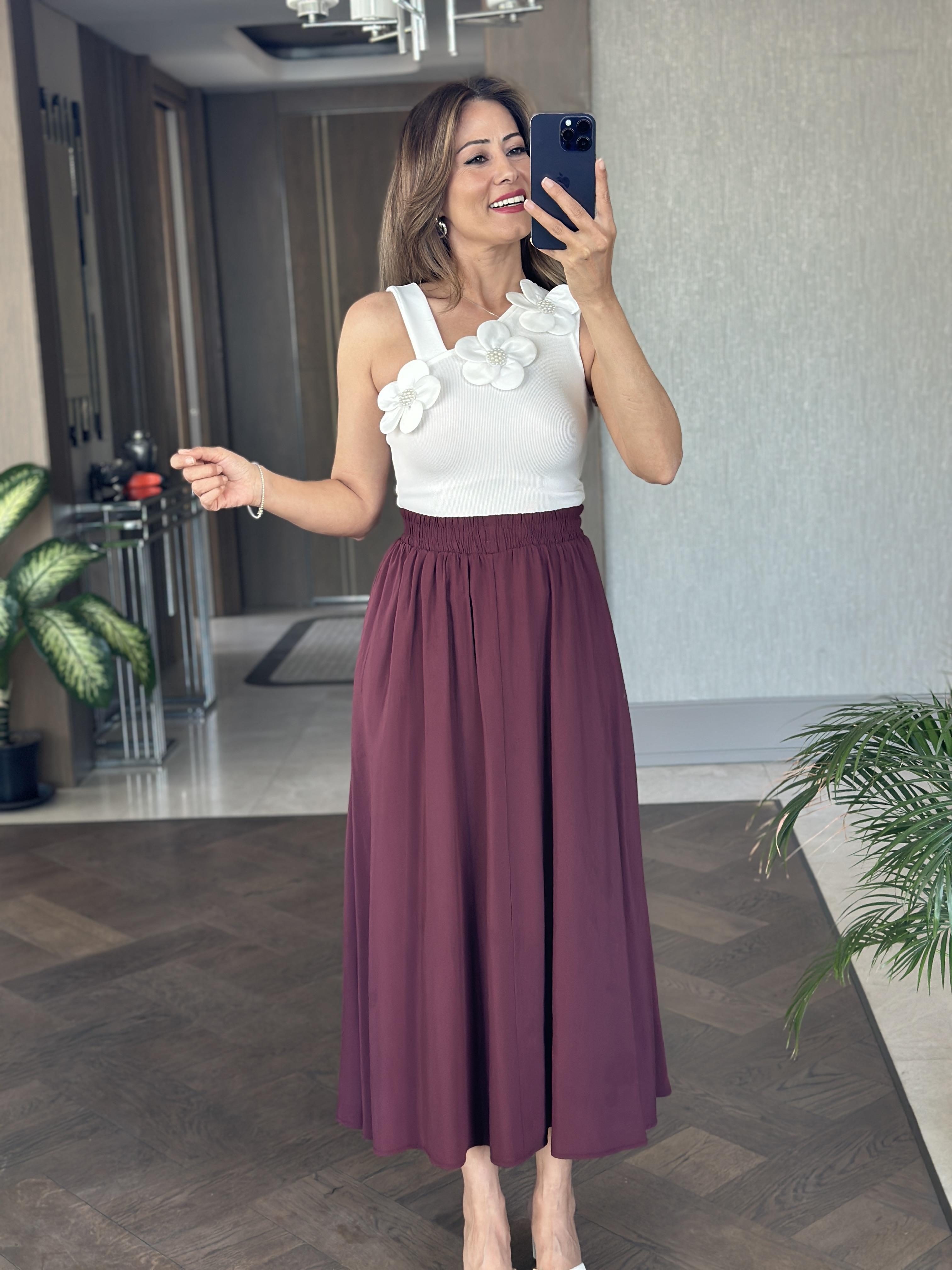 Mürdüm Tnsl Kumaş Beli Lastikli Cepli Kadın Midi Boy Etek