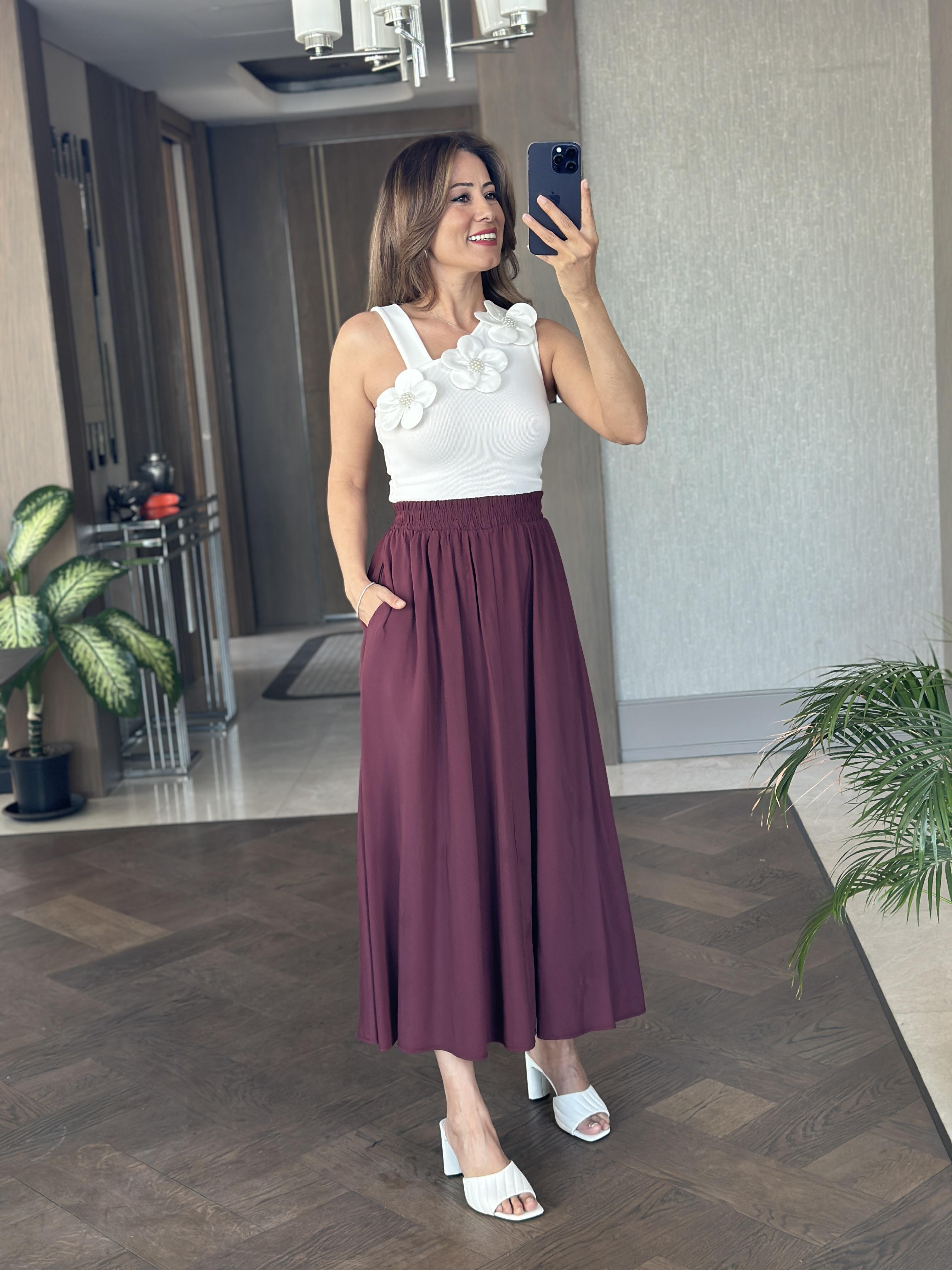 Mürdüm Tnsl Kumaş Beli Lastikli Cepli Kadın Midi Boy Etek