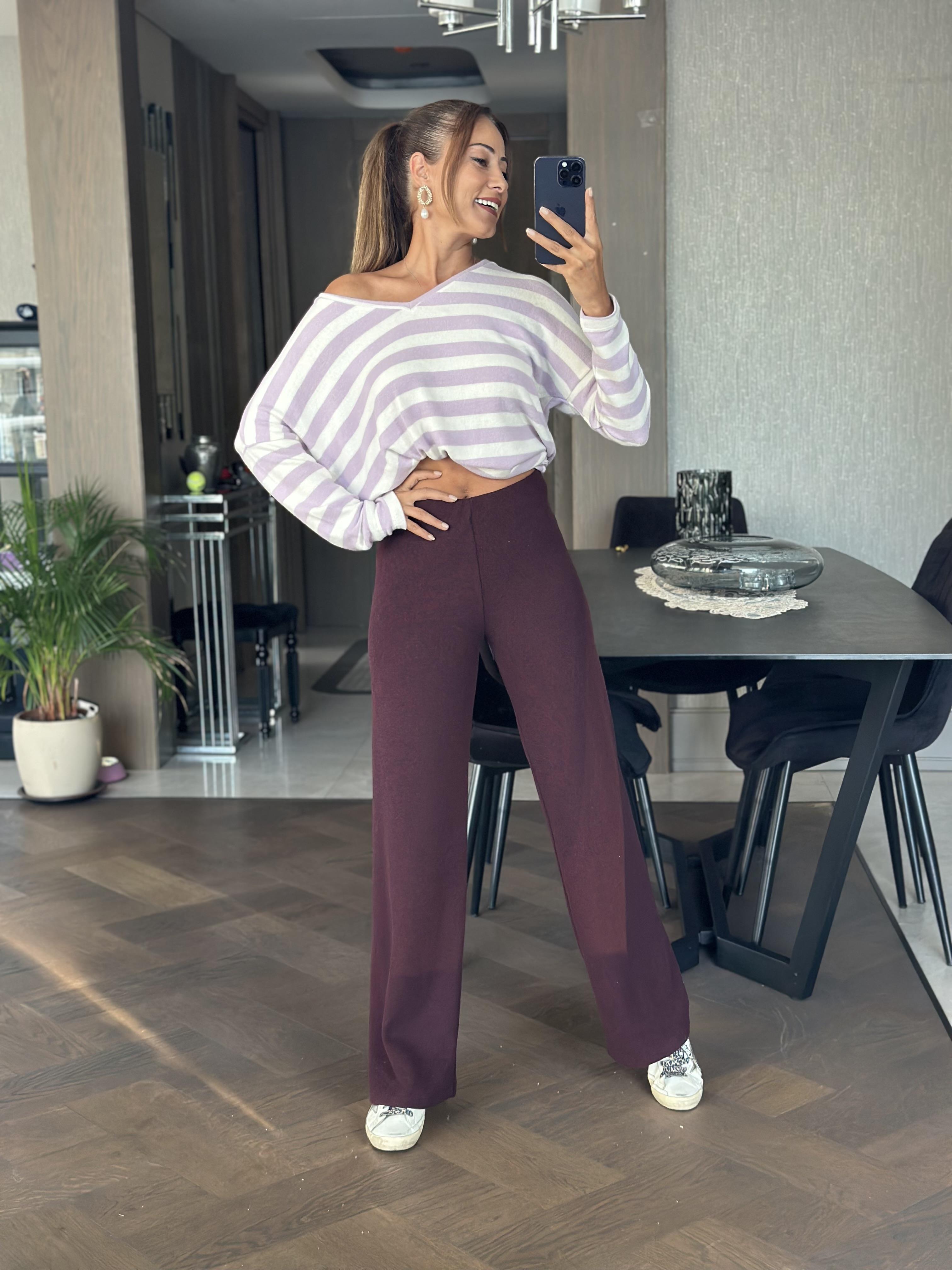 Mürdüm Yumoş Beli Lastikli Bol Paça Kadın Pantolon