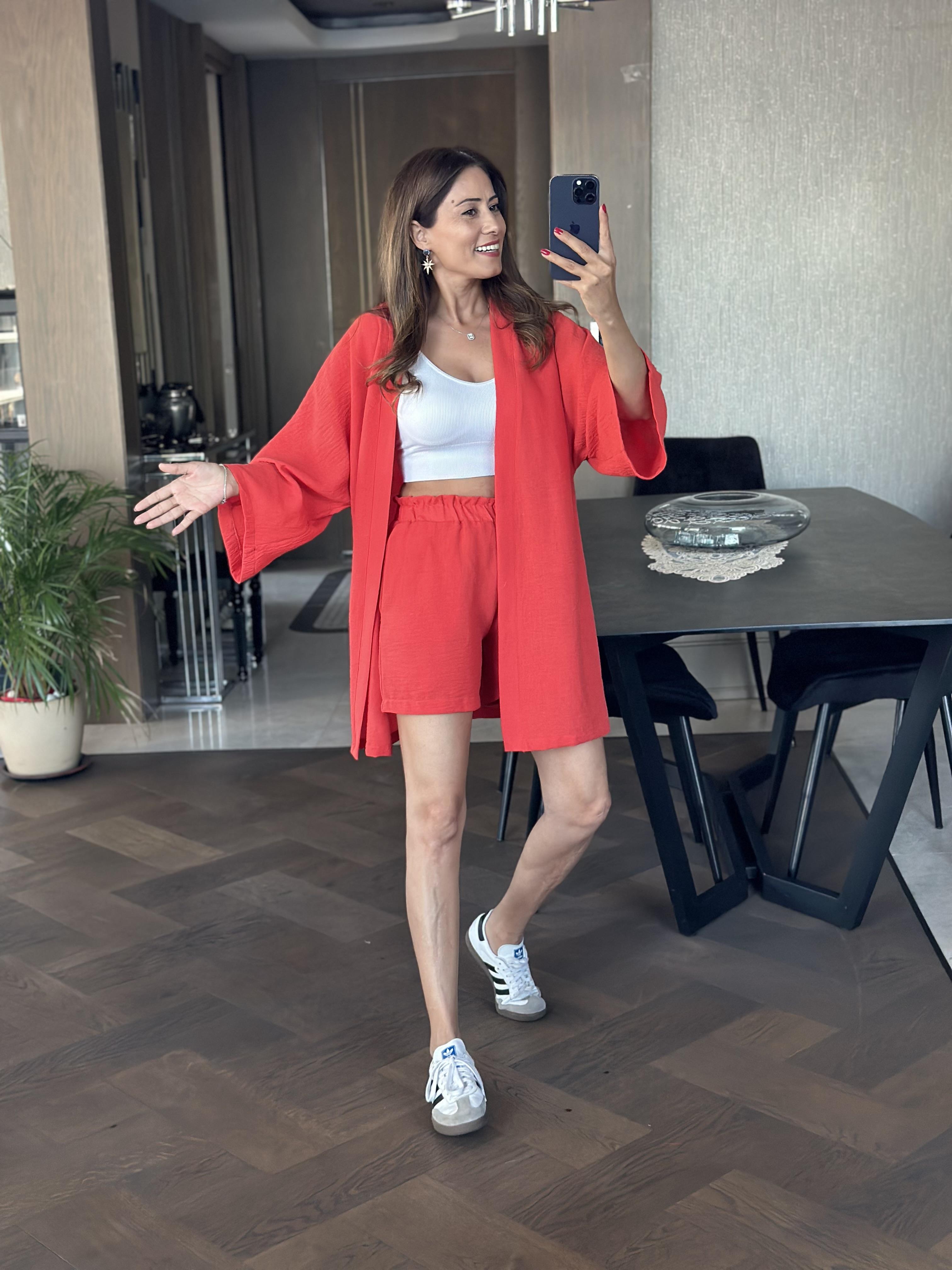 Nar Çiçeği Aerobin Şortlu Kimono Kadın Alt Üst Takım