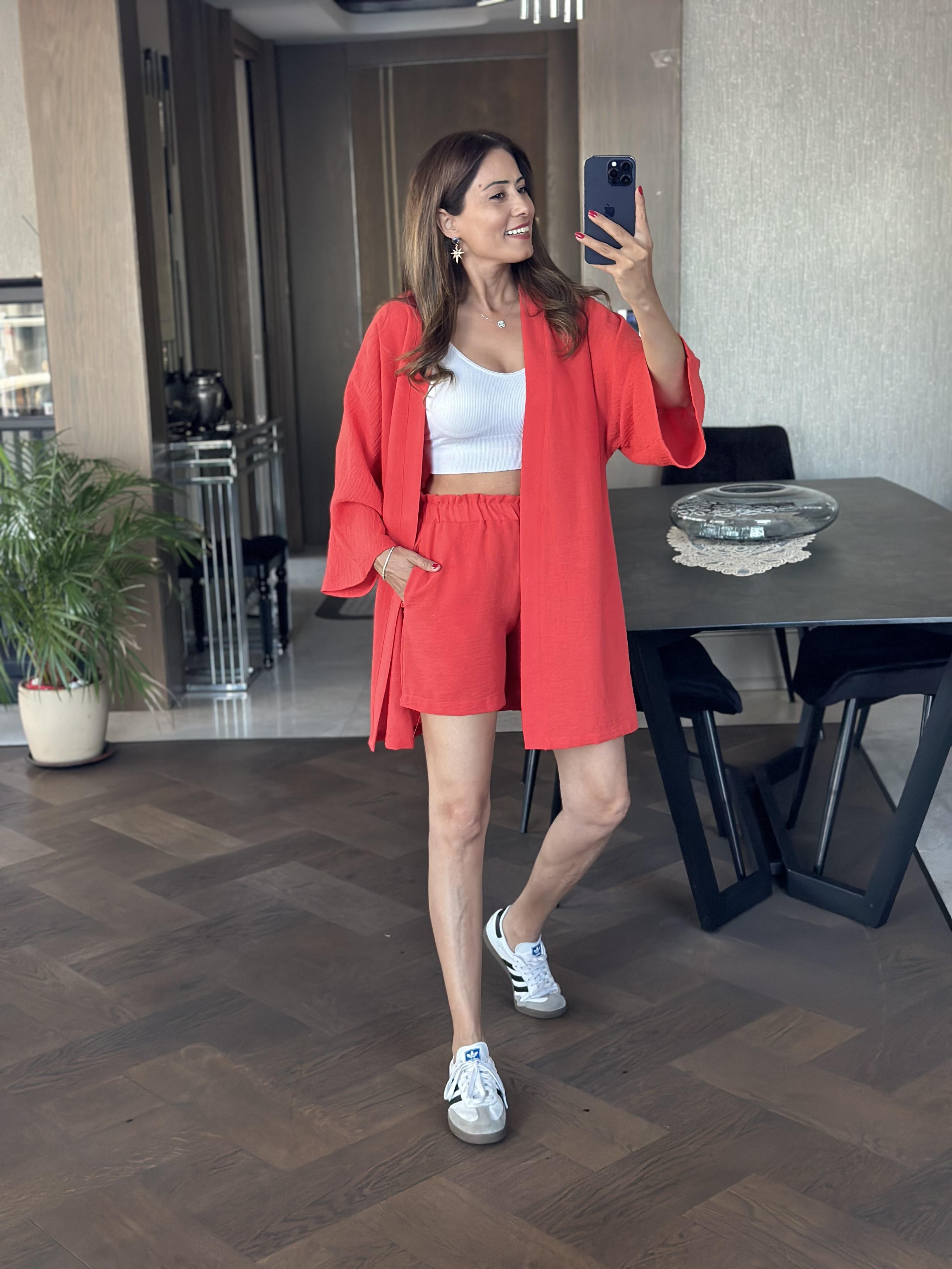 Nar Çiçeği Aerobin Şortlu Kimono Kadın Alt Üst Takım