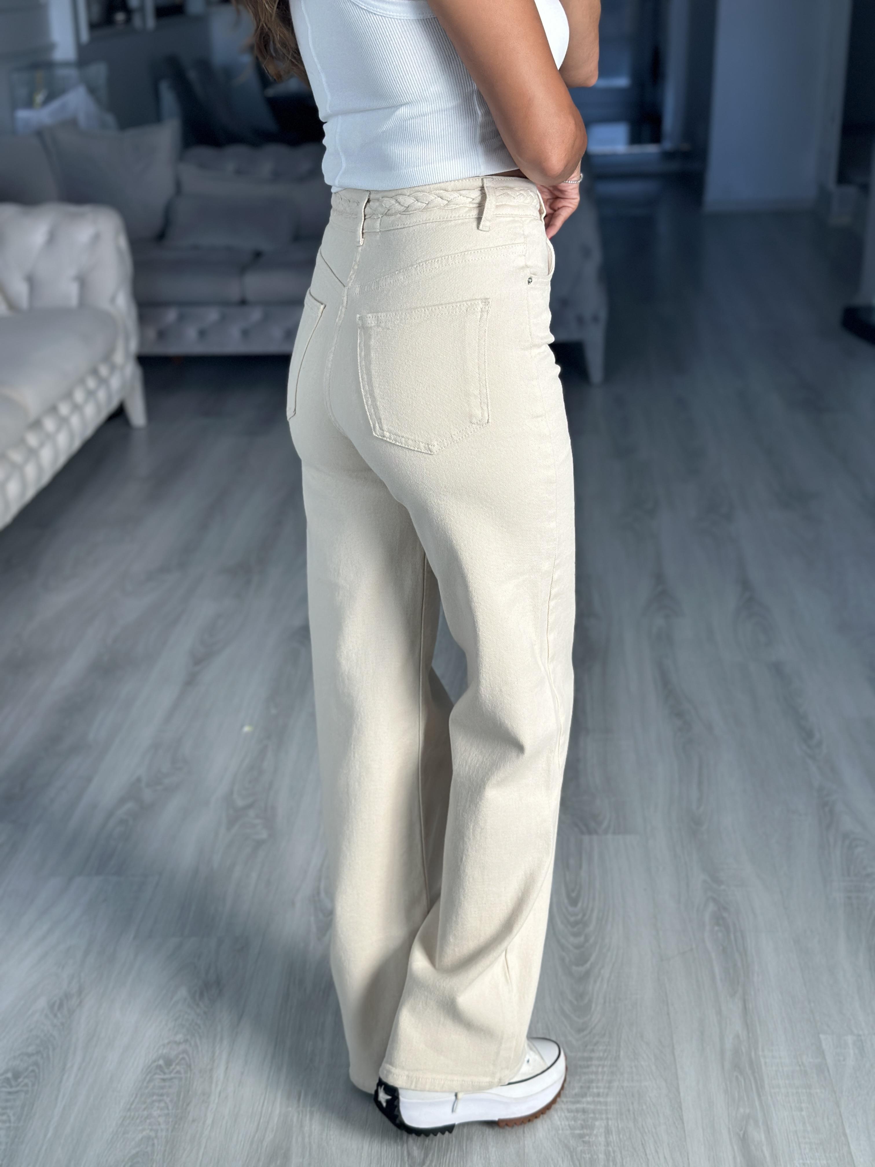 Naturel Kemeri Örgü Detay Wide Leg Kadın Jean Pantolon