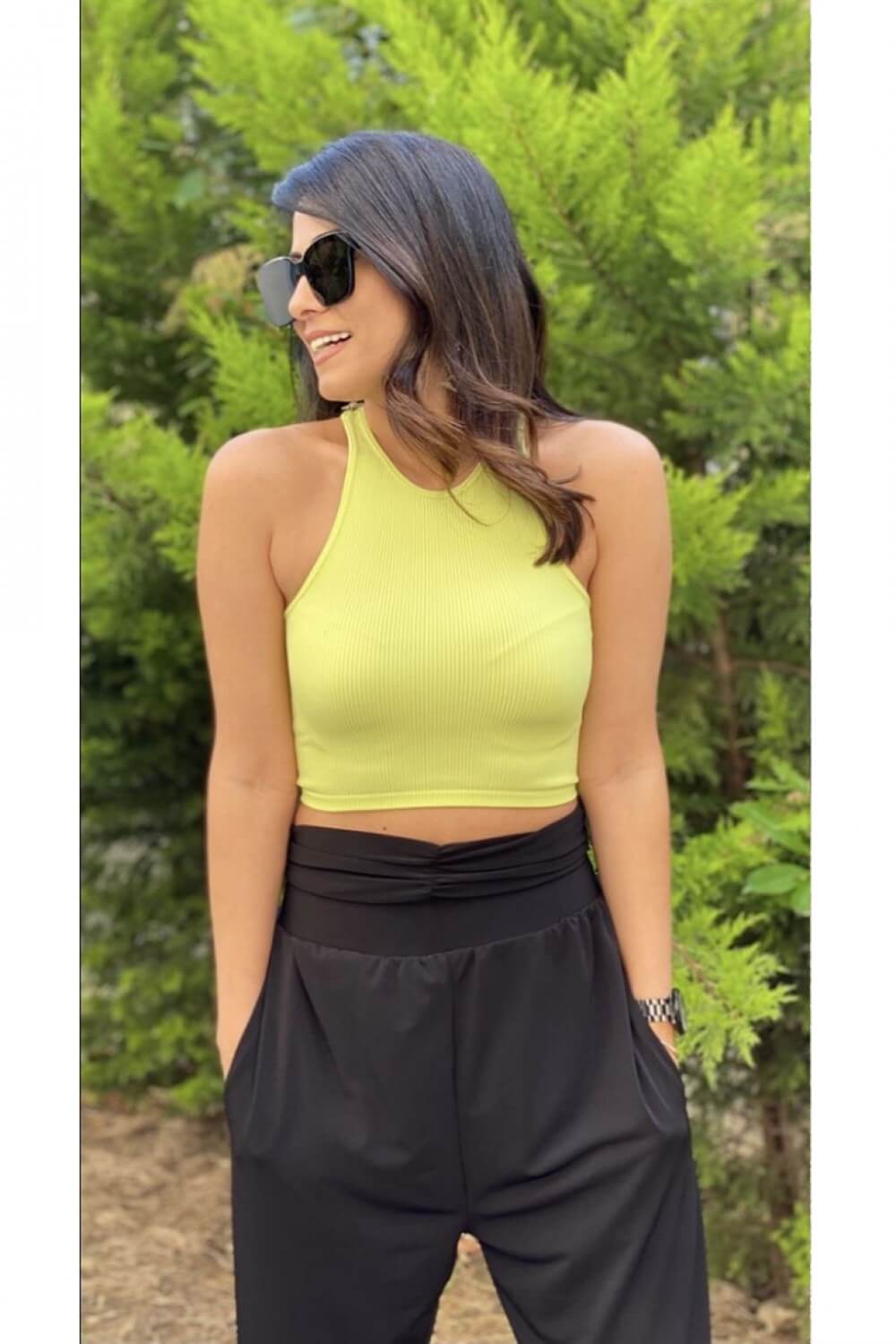 Neon Yeşili Fitilli Halter Crop