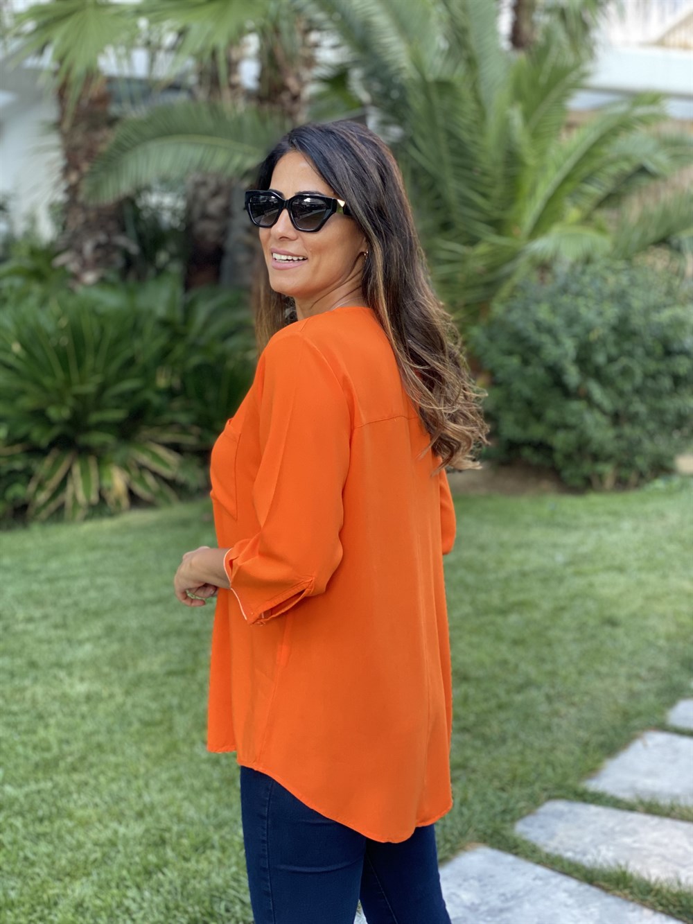 Orange Cepli V Yaka Sim Detay Kadın Bluz