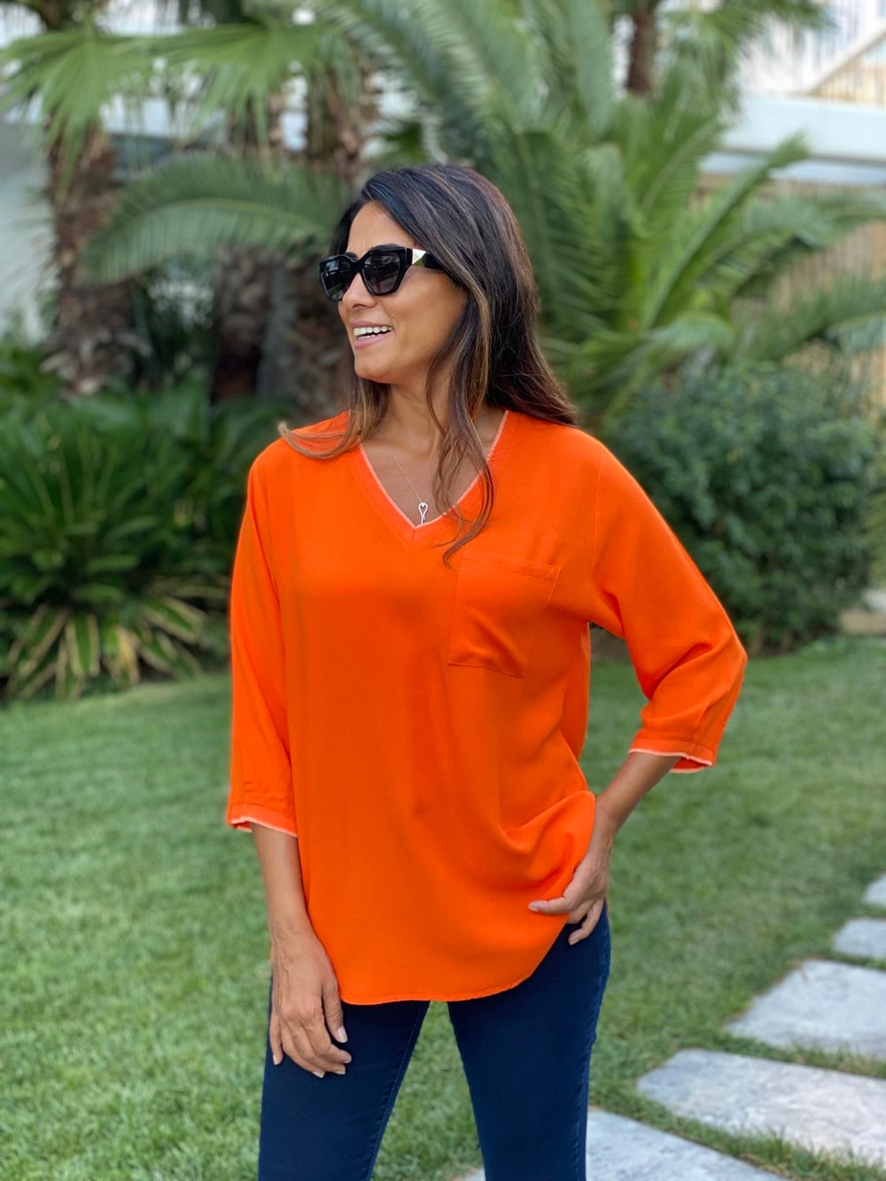 Orange Cepli V Yaka Sim Detay Kadın Bluz