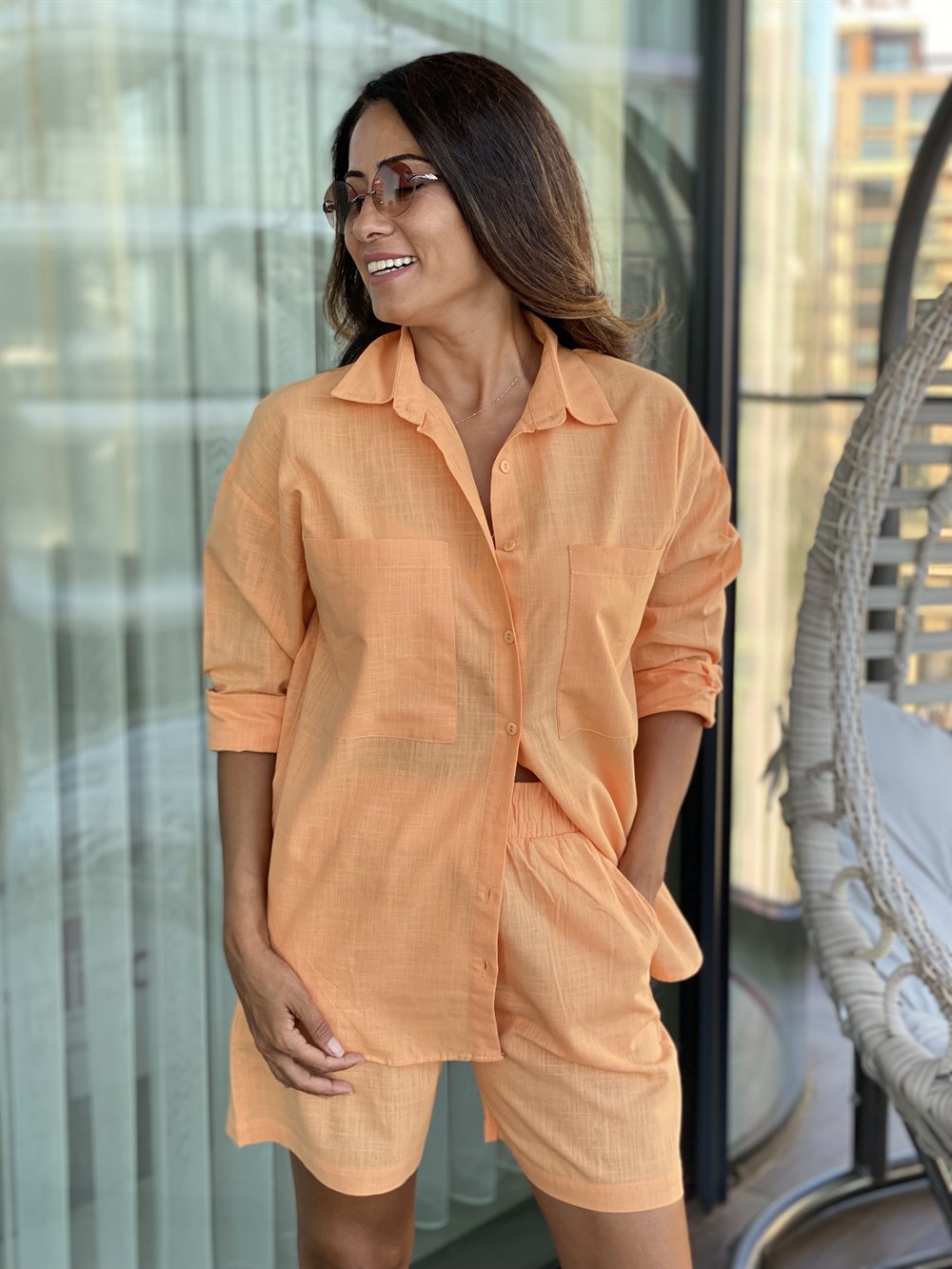 Orange Keten Gömlek Şort İkili Kadın Takım