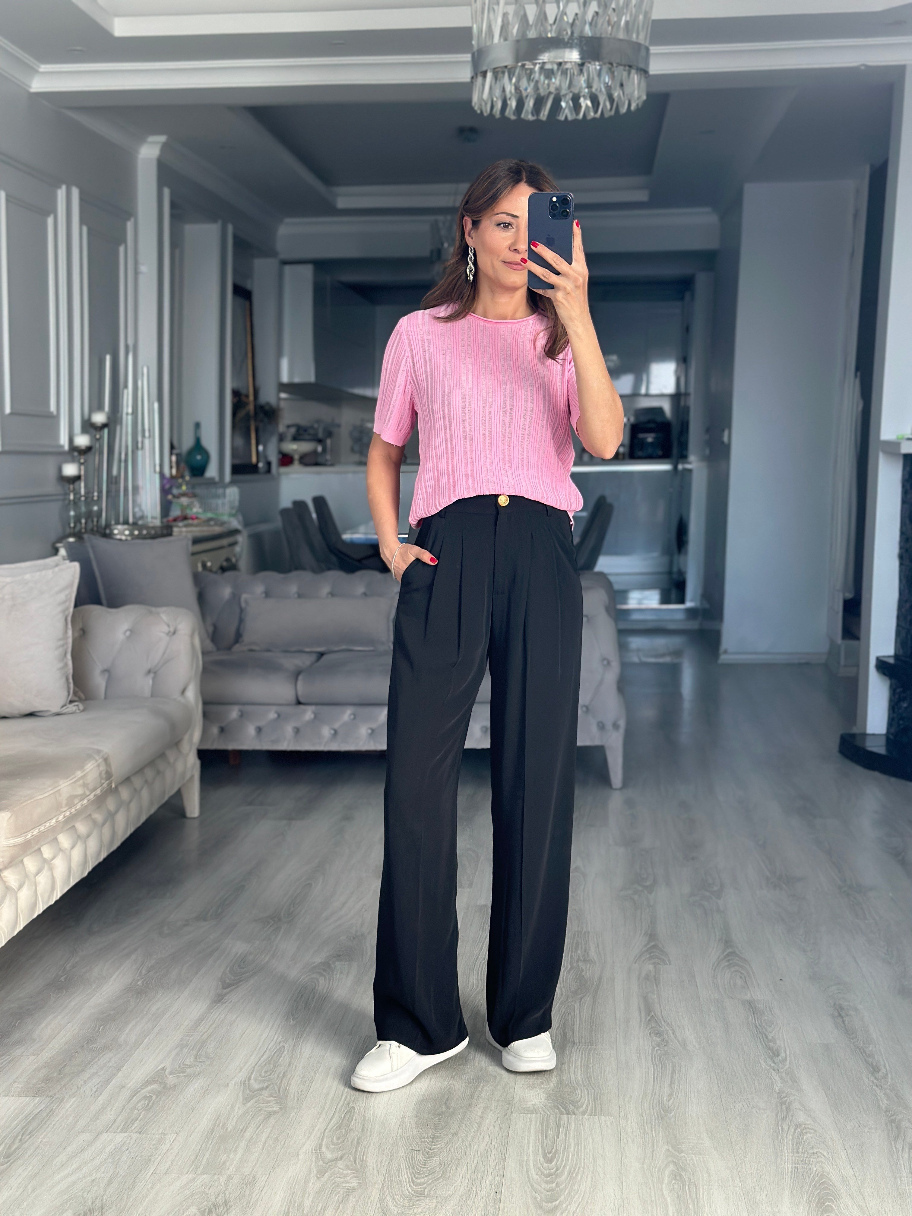 Pembe Ajurlu Kısa Kollu Kadın Bluz