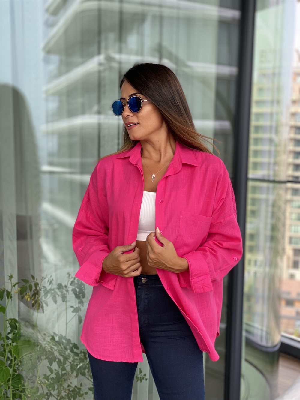 Pembe Arka Roba Örme Flam Keten Kadın Gömlek