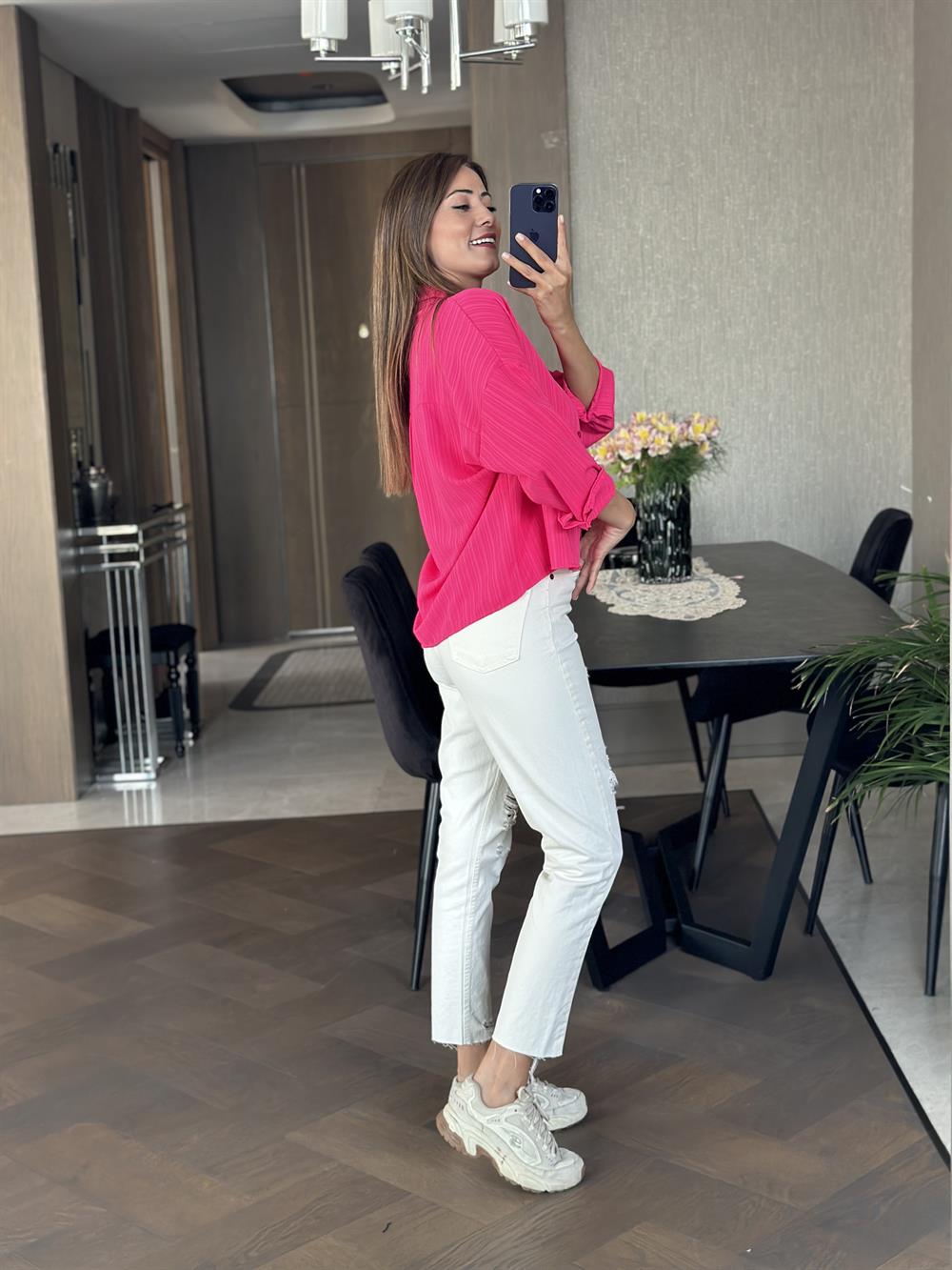 Pembe Asimetrik Tek Cepli Dokulu Kadın Gömlek