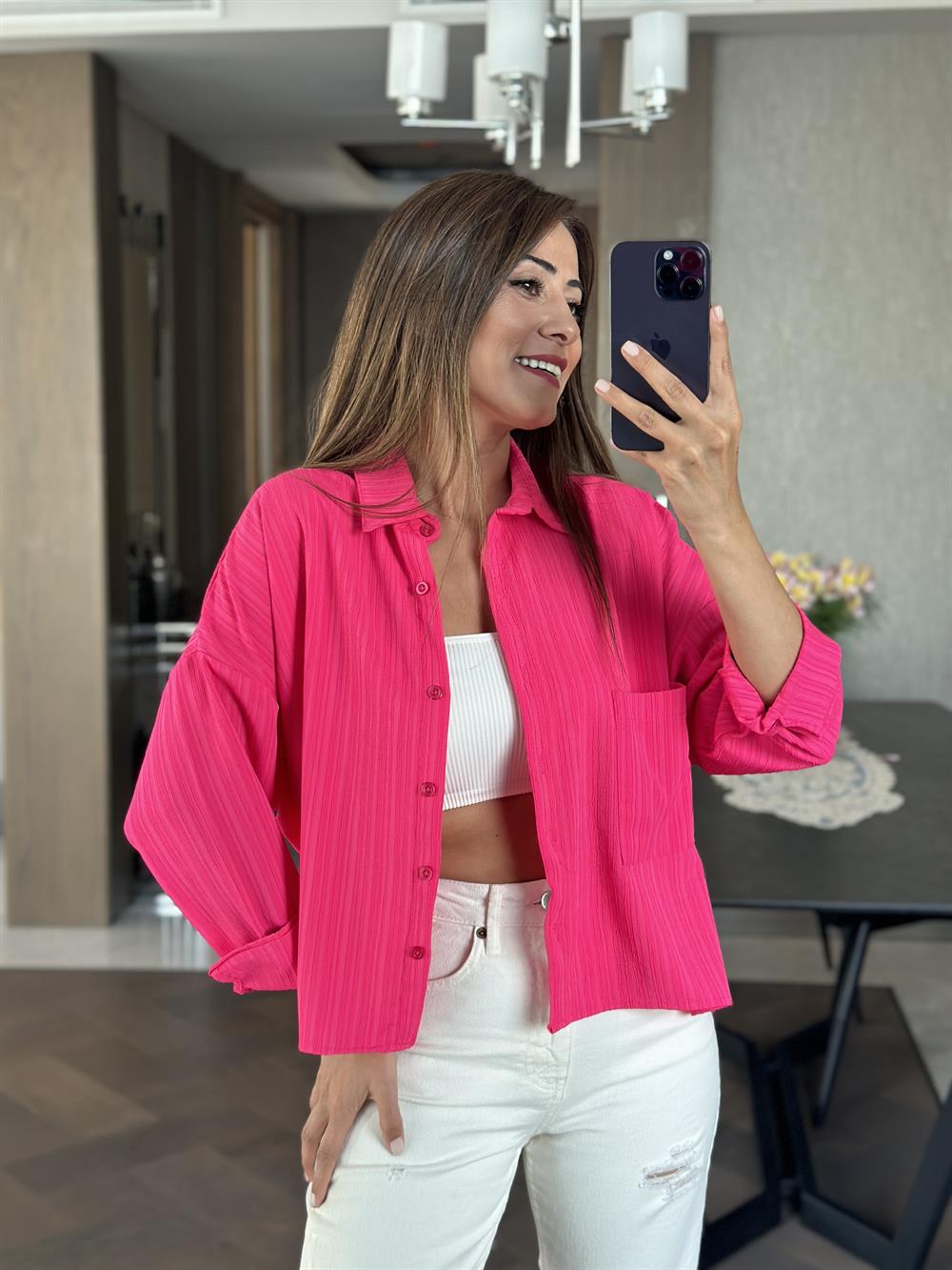 Pembe Asimetrik Tek Cepli Dokulu Kadın Gömlek