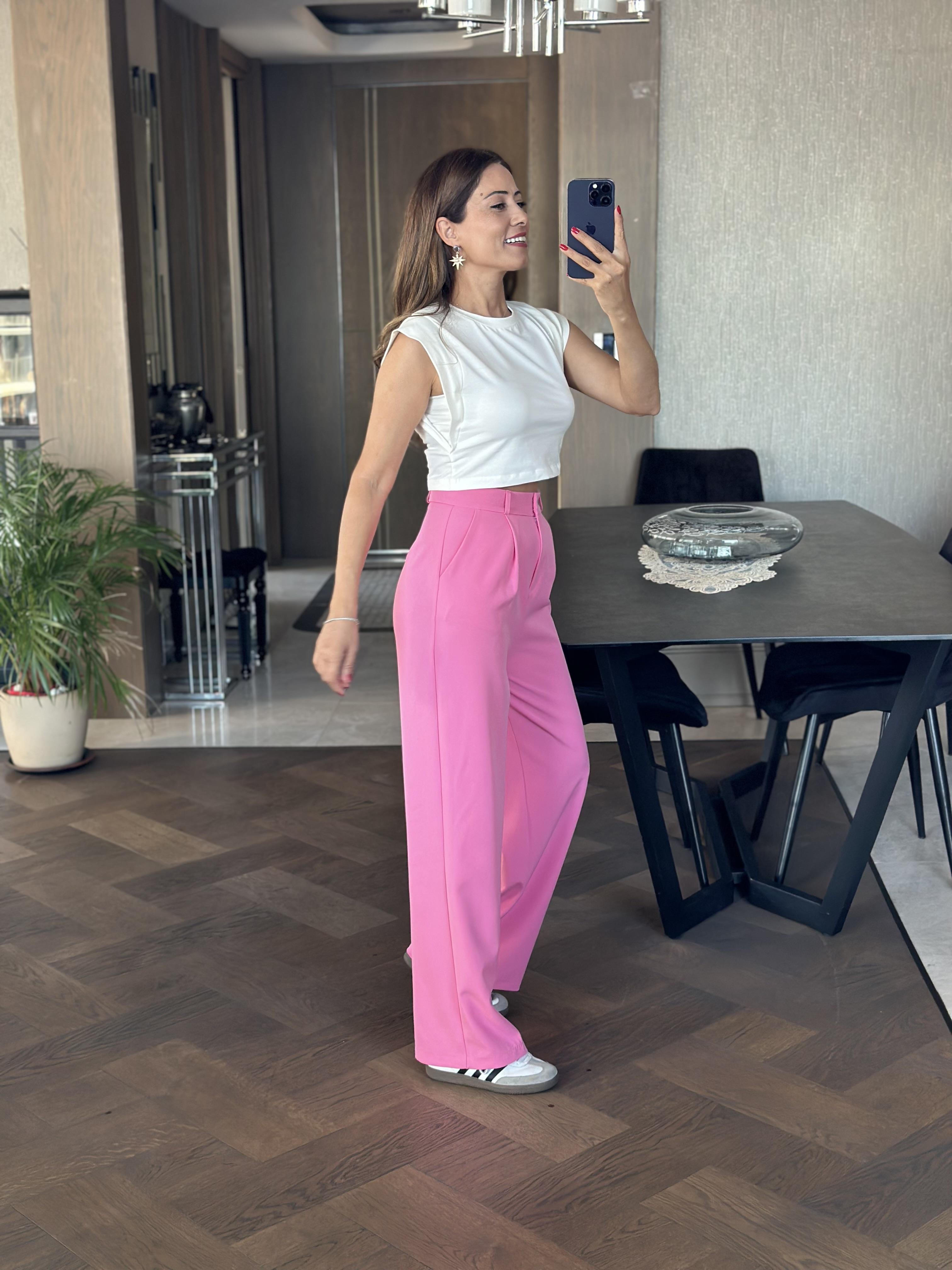 Pembe Atlas Kumaş Orjinal Marka Palazzo Kadın Pantolon