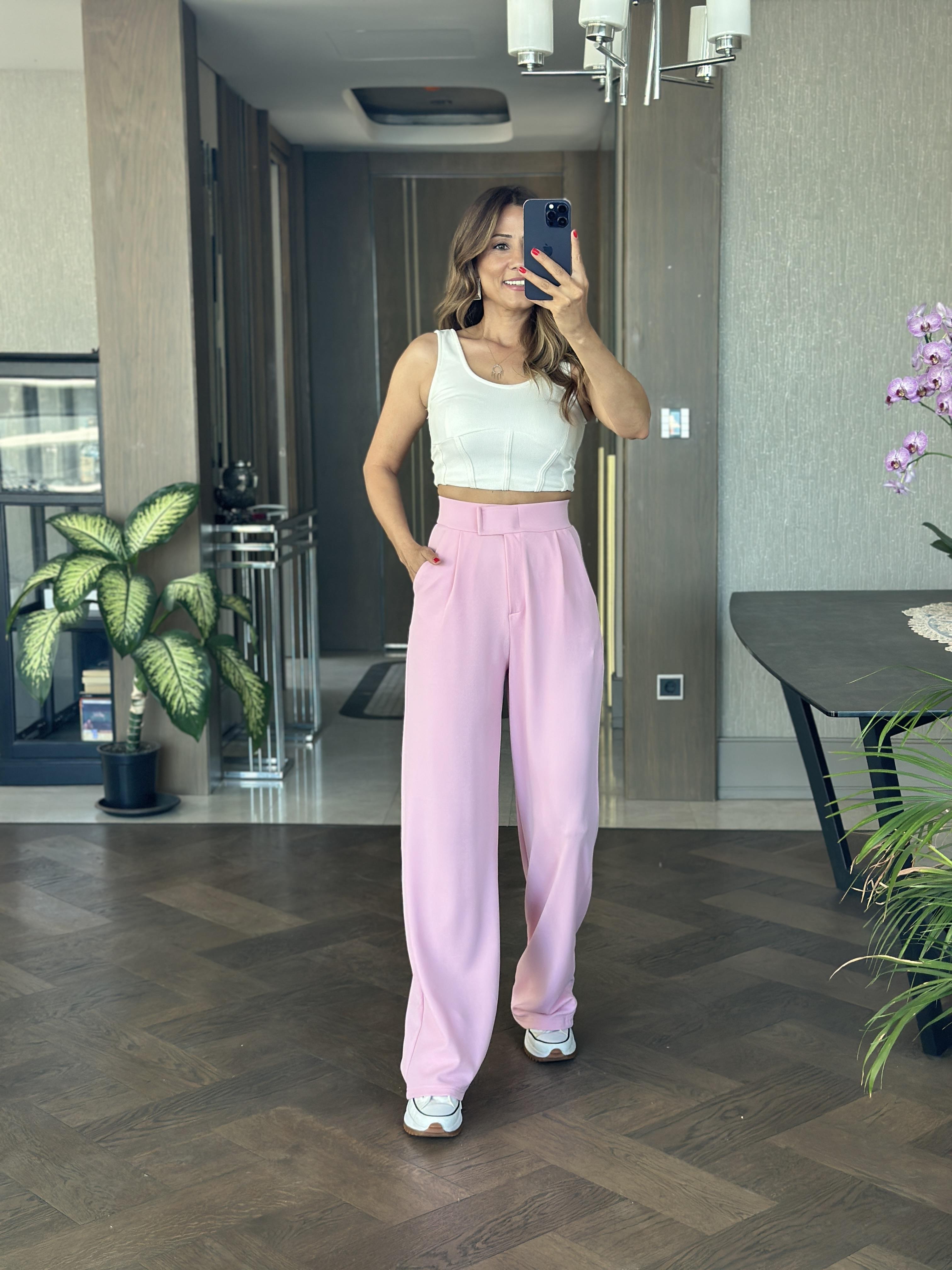 Pembe Beli Cırtlı Likralı Krep Palazzo Kadın Pantolon
