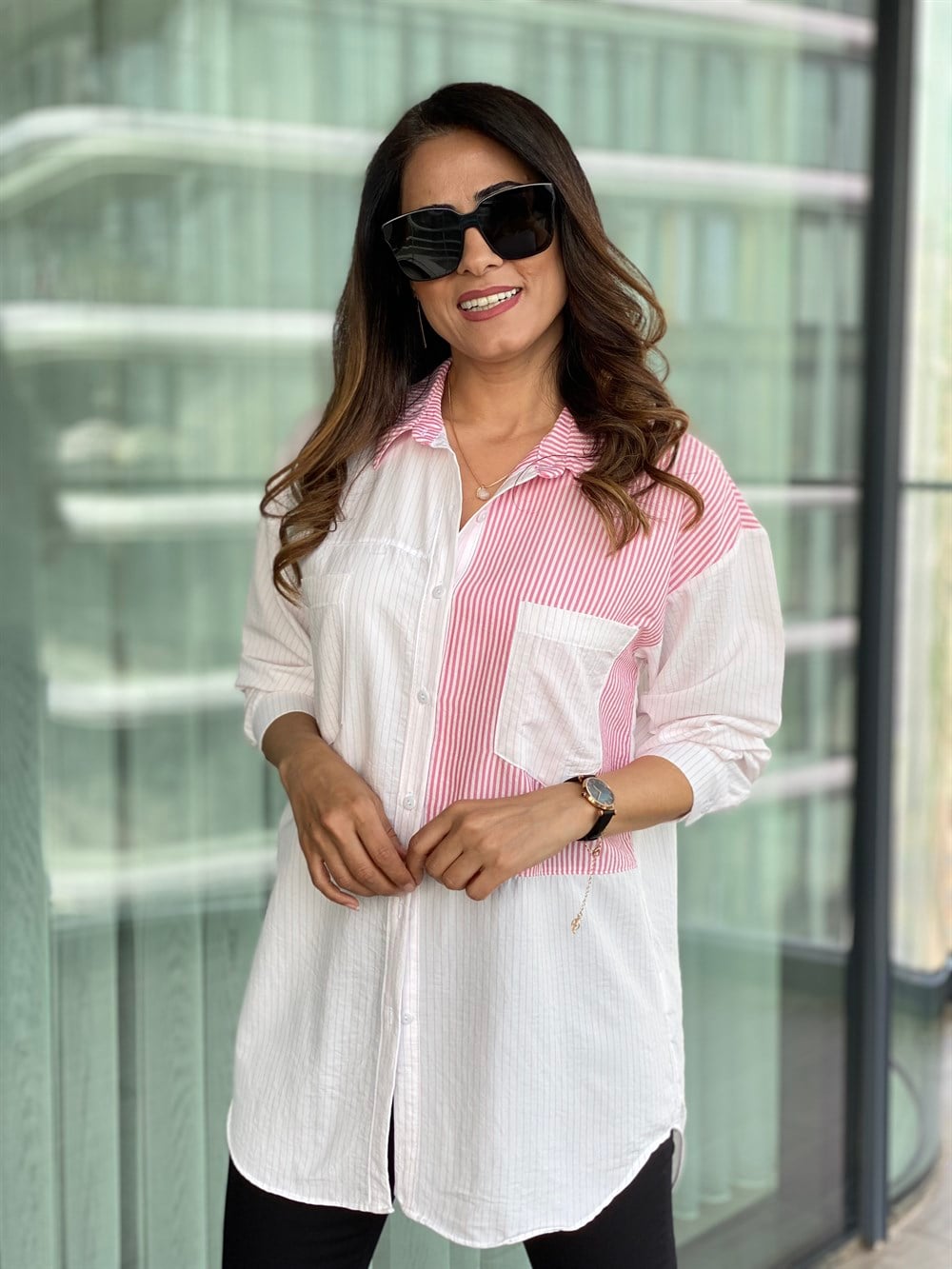 Pembe Beyaz Çizgili Oversize Gömlek
