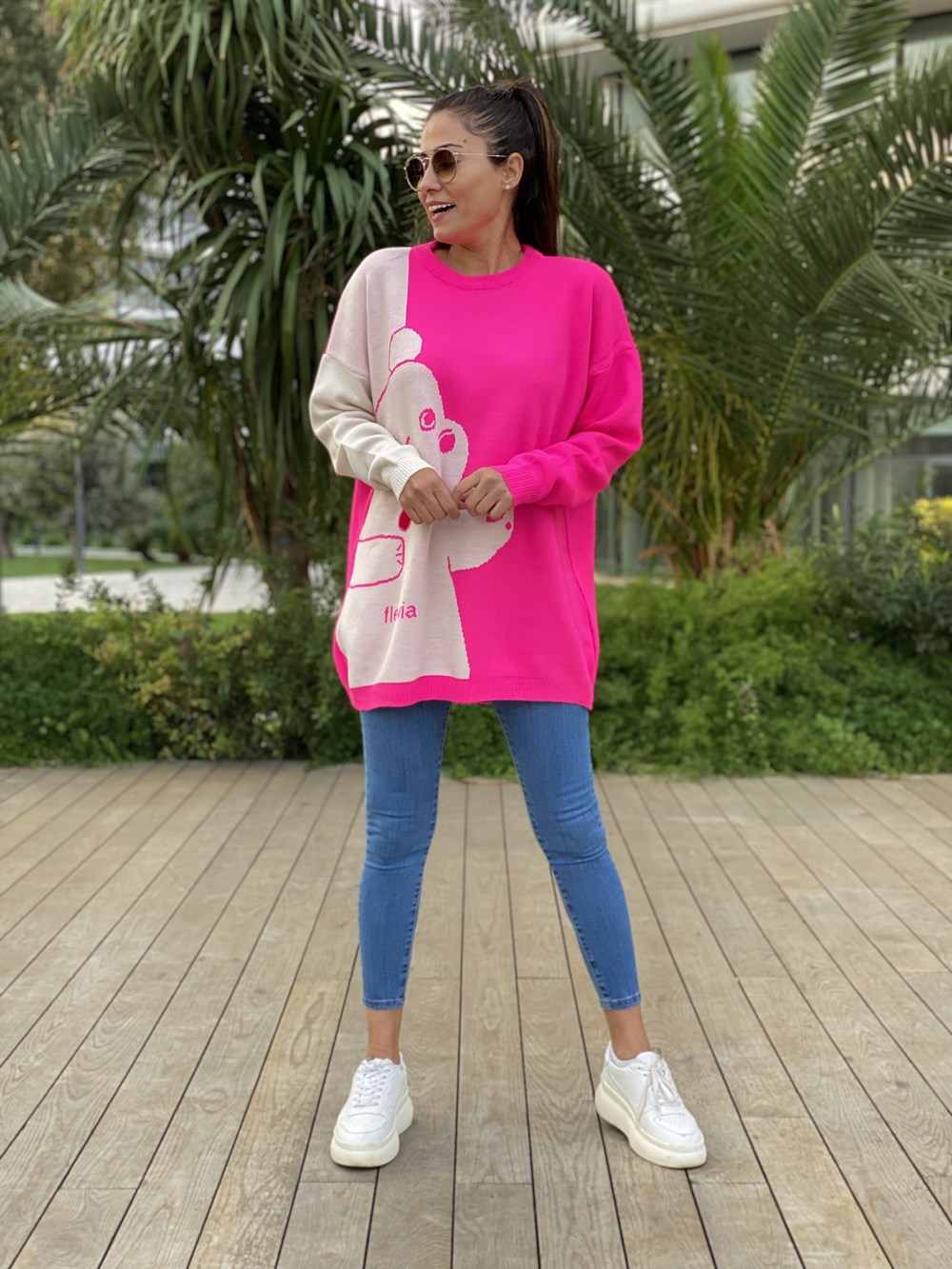 Pembe Bisiklet Yaka Ayıcık Detay Triko Kadın Kazak