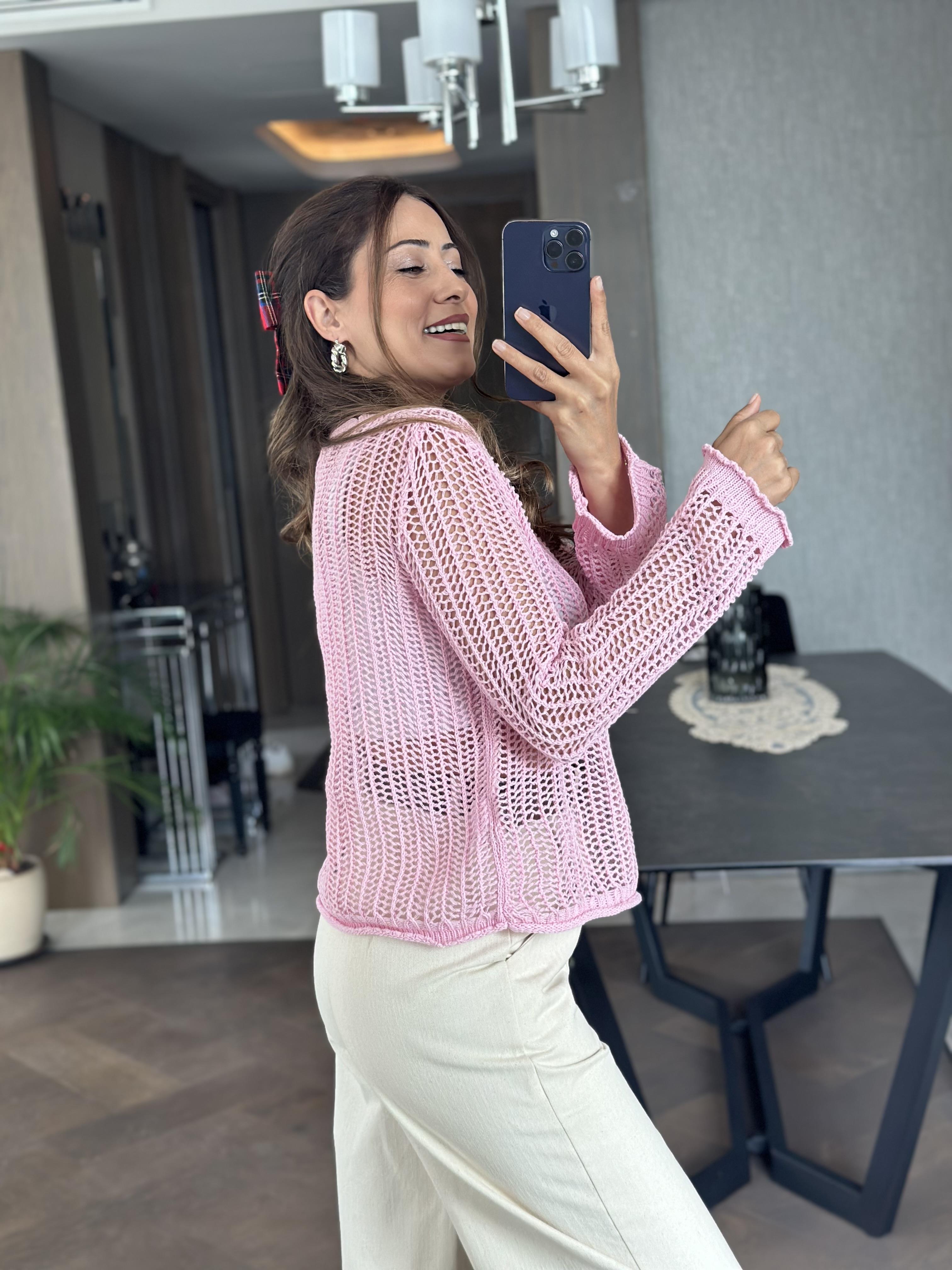 Pembe Bisiklet Yaka File Örgü Triko Kadın Crop Bluz