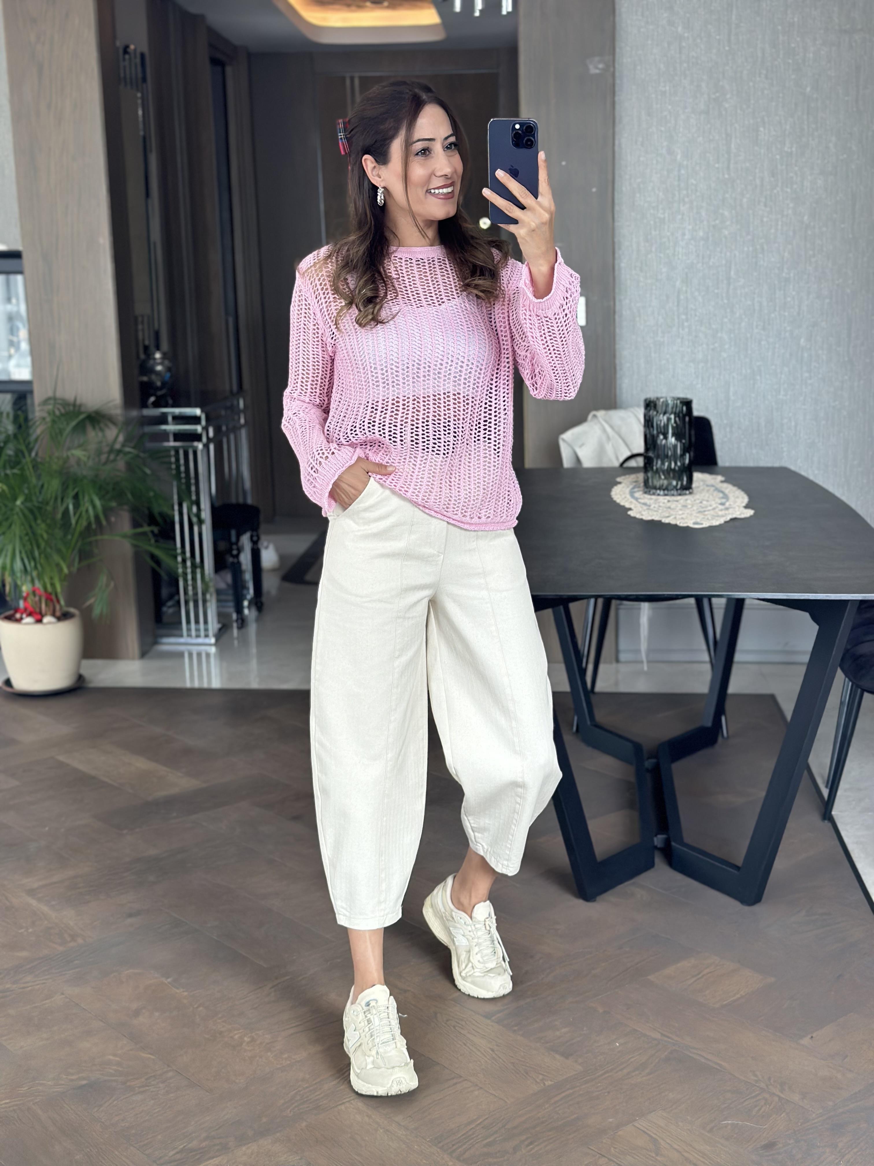 Pembe Bisiklet Yaka File Örgü Triko Kadın Crop Bluz