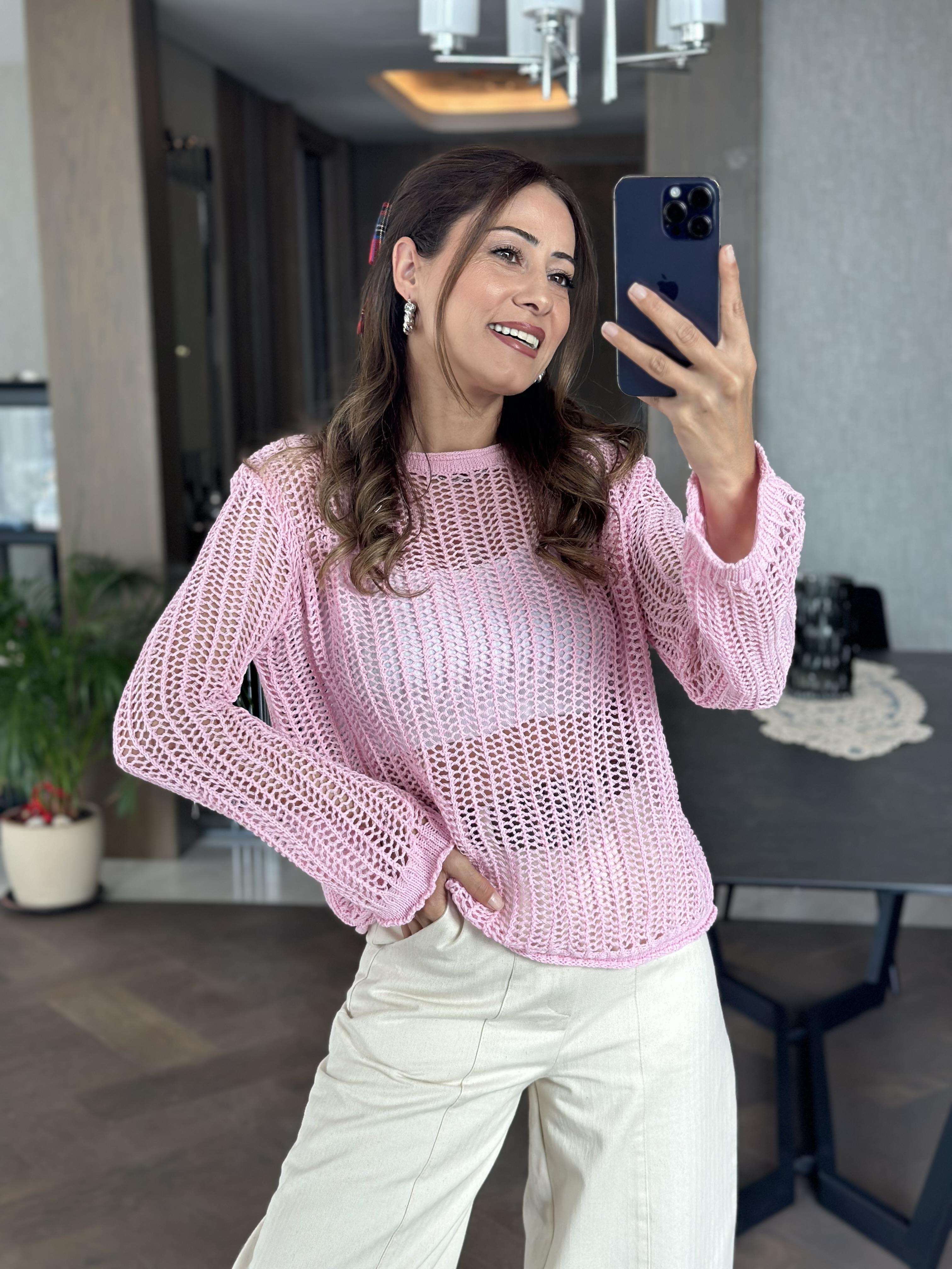 Pembe Bisiklet Yaka File Örgü Triko Kadın Crop Bluz