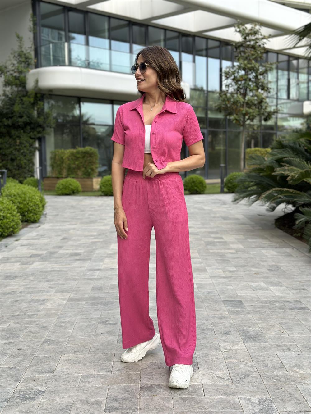 Pembe Bürümcük Gömlek Yaka Bluz Pantolon Kadın İkili Takım
