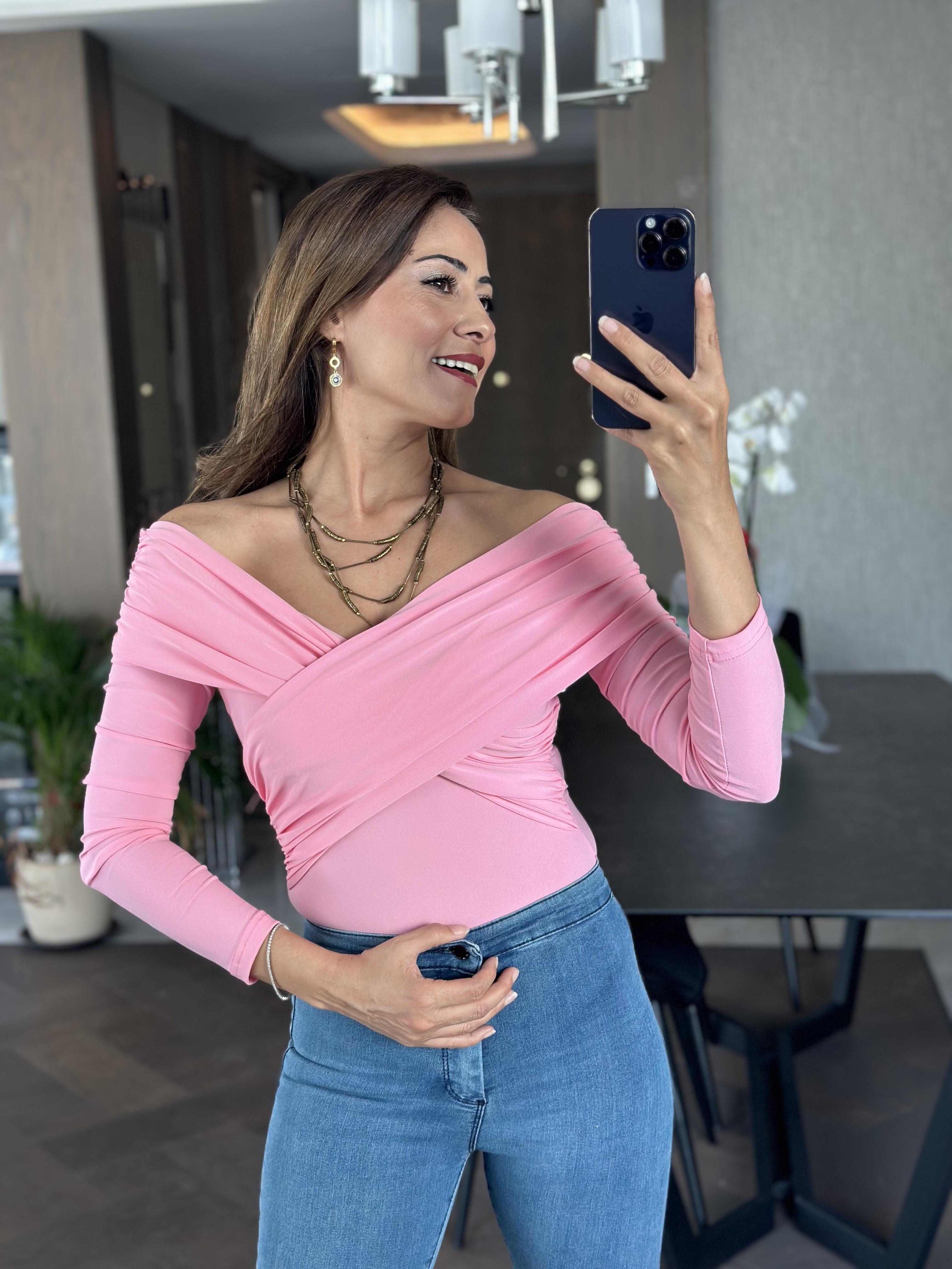 Pembe Çapraz Detay Uzun Kollu Sandy Kadın Bluz