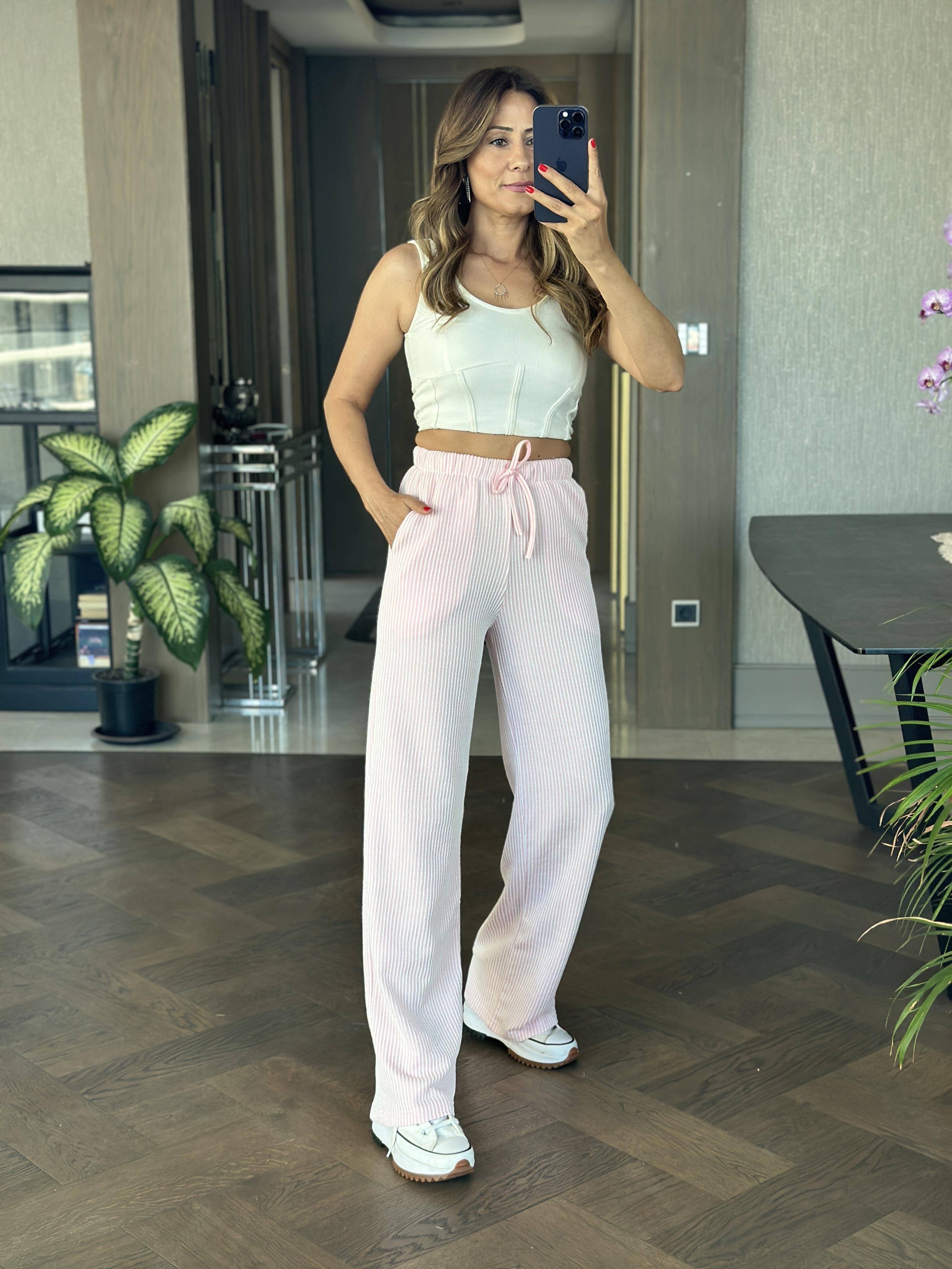 Pembe Çizgili Melanj Beli Lastikli Kadın Pantolon
