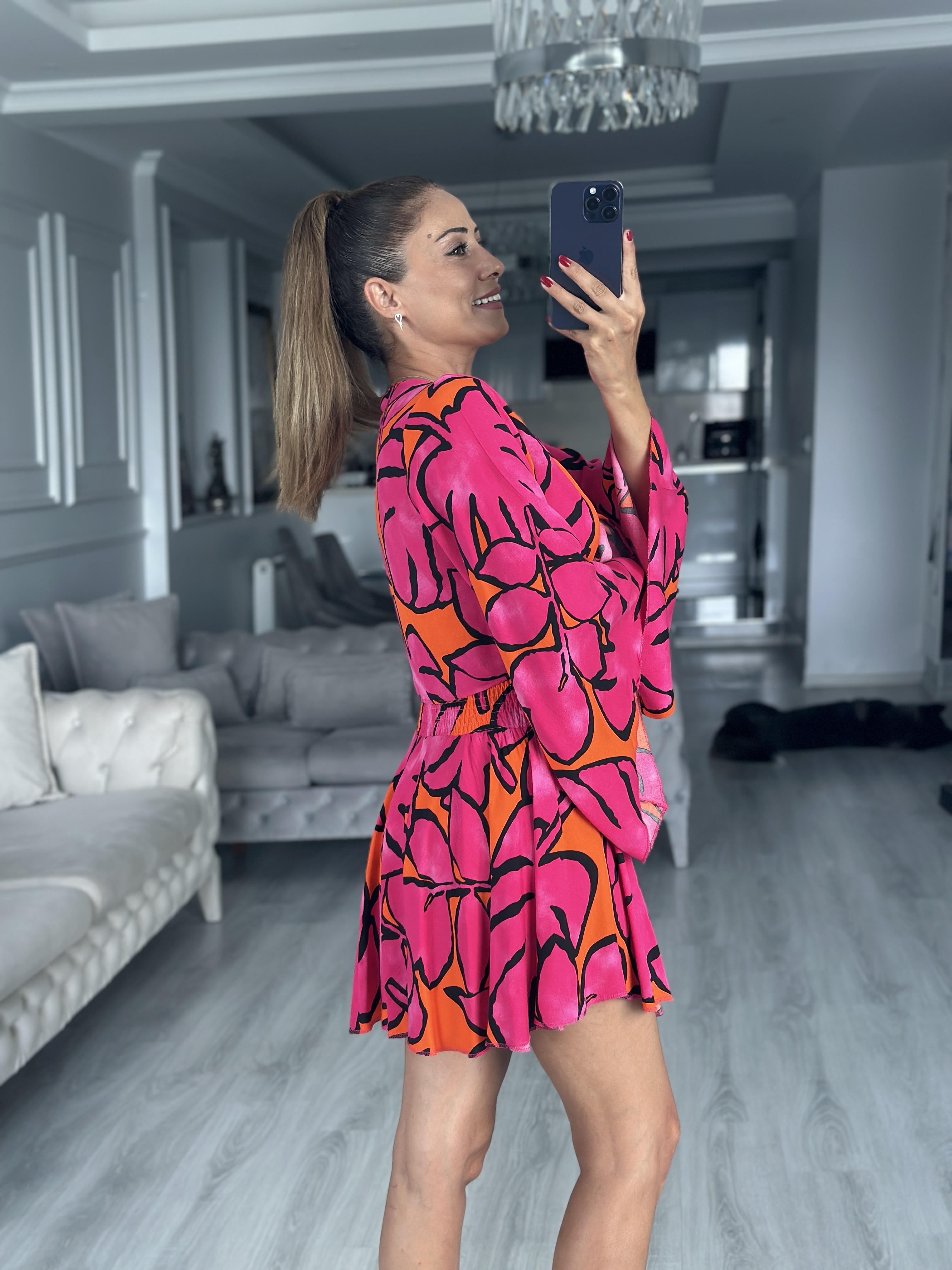 Pembe Desenli Bağlamalı Bluz Beli Gipeli Şort Kadın Alt Üst Takım