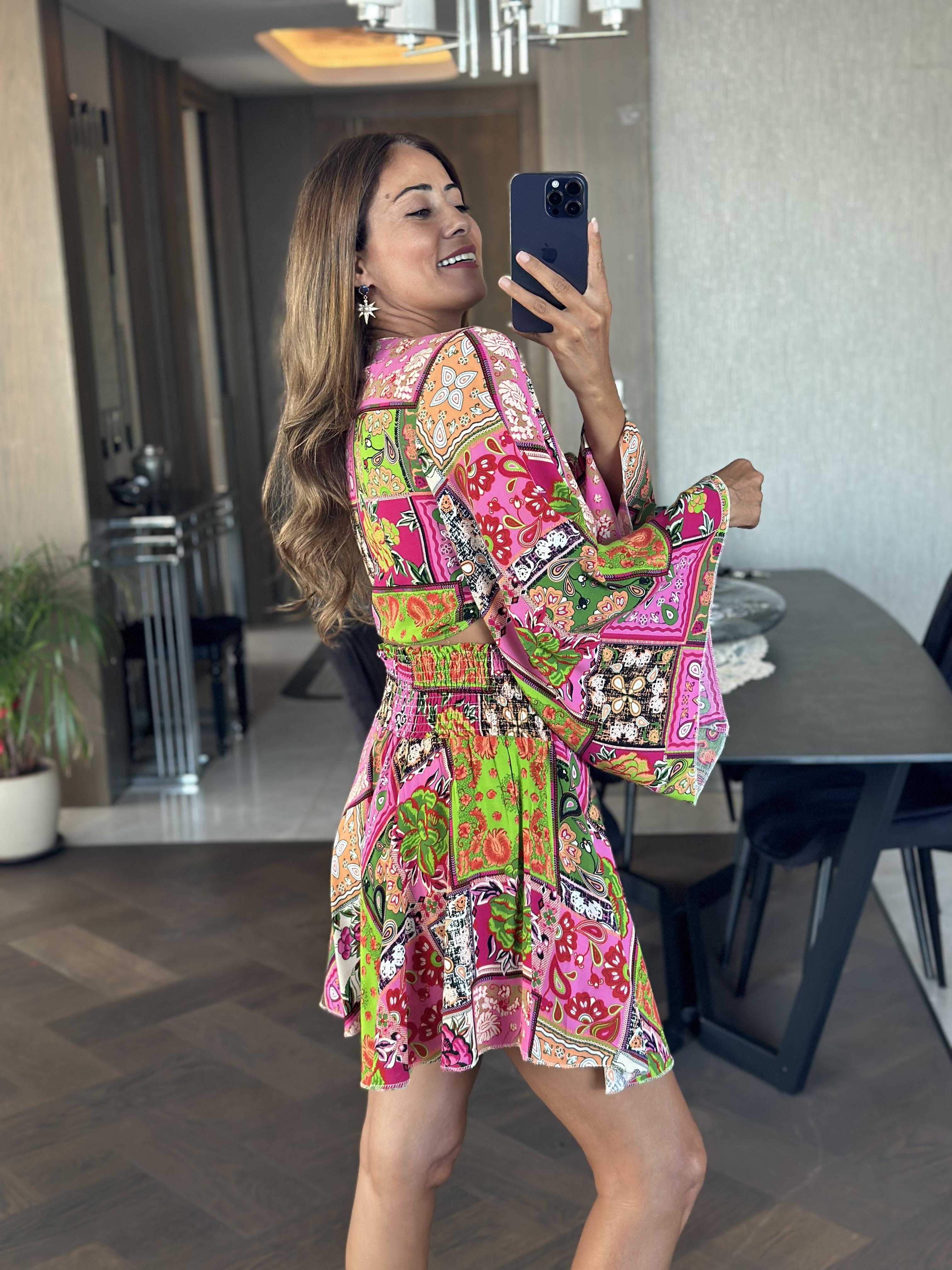 Pembe Desenli Bağlamalı Geniş Kol Bluz Şort Kadın Alt Üst Takım