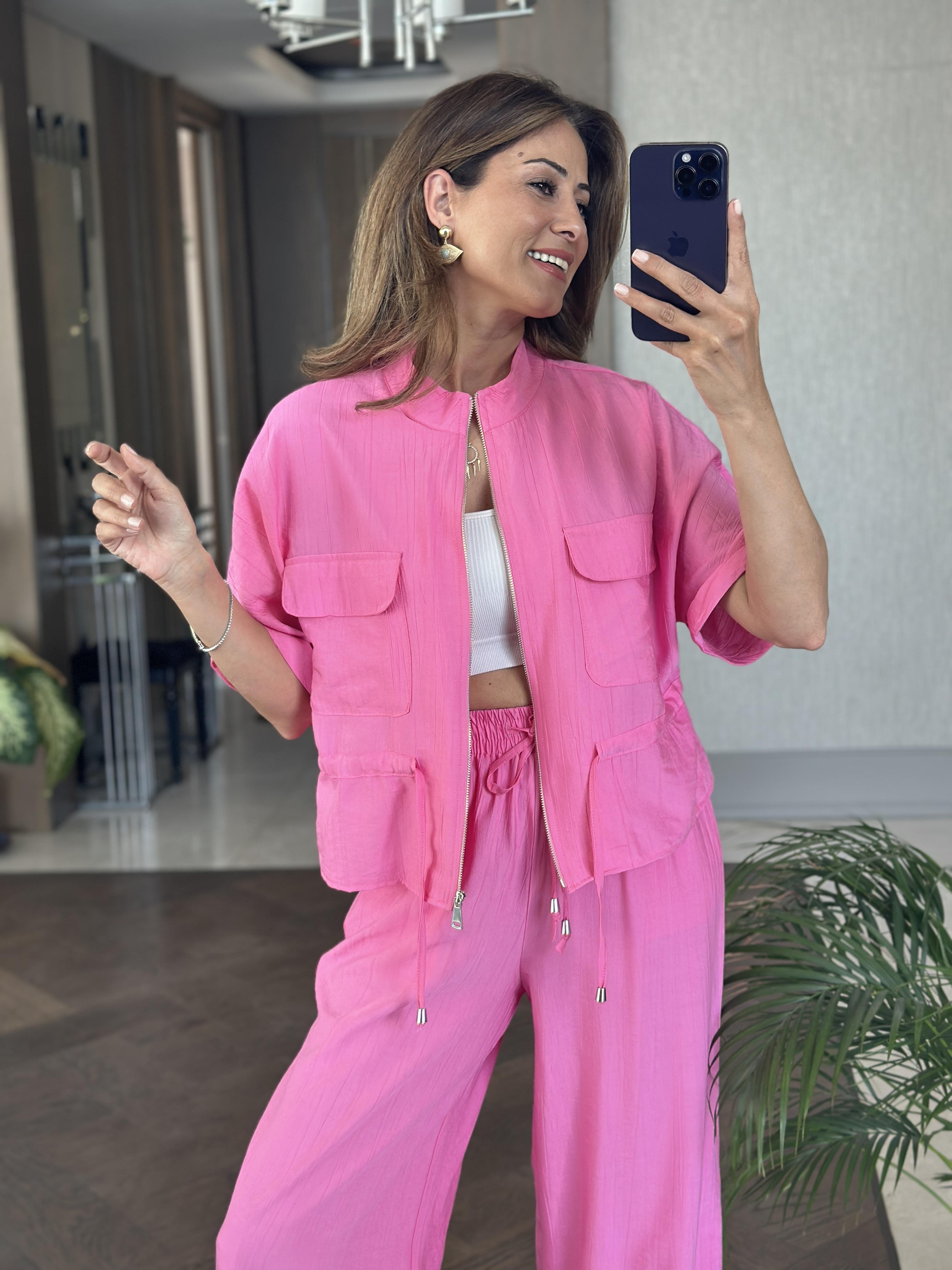 Pembe Dokulu Beli Bağcıklı Ceket Pantolon Kadın Alt Üst Takım