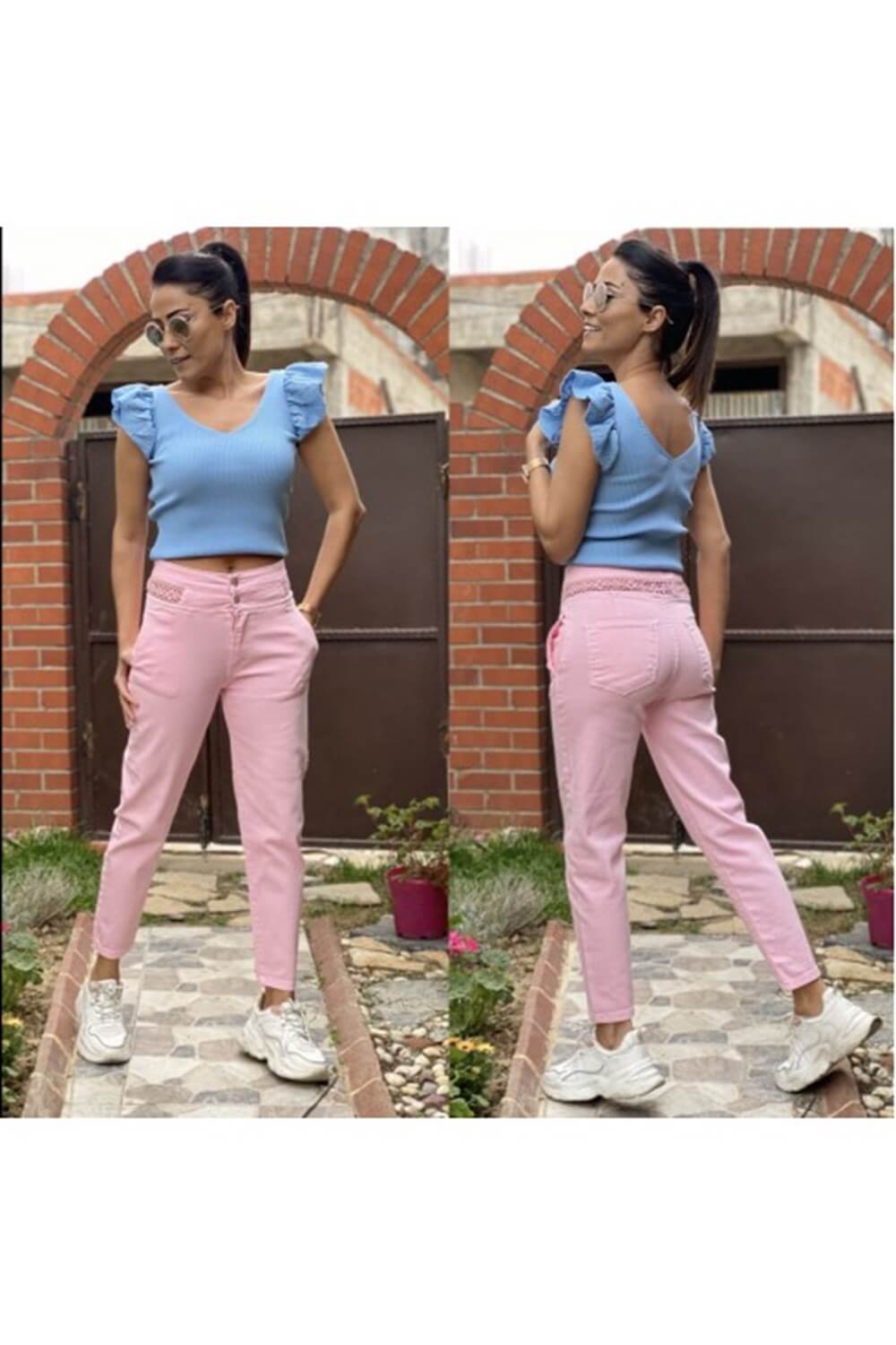 Pembe Güpür Dekolteli Mom Jean