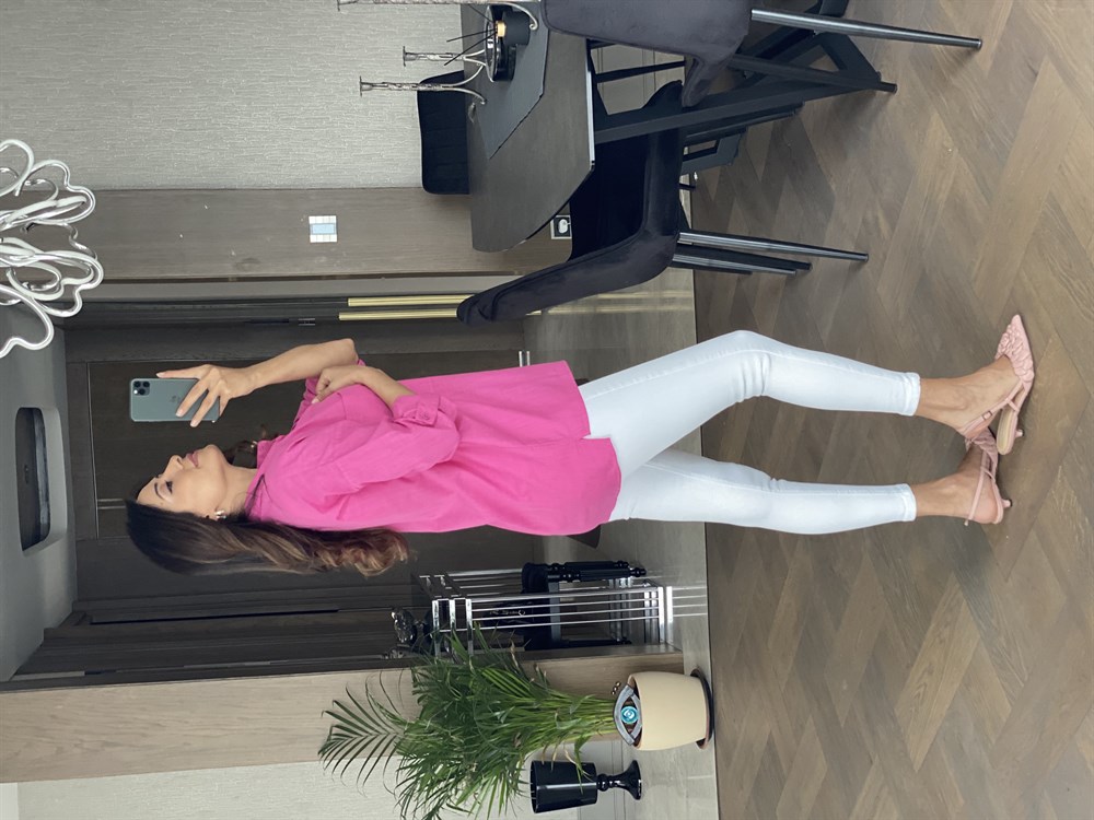 Pembe İki Cepli Oversize Keten Gömlek