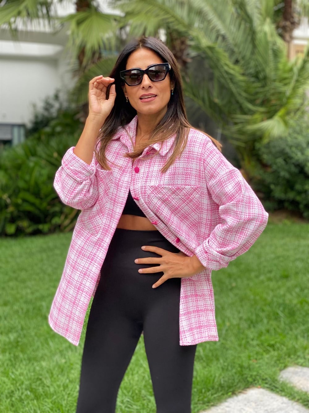 Pembe İki Cepli Oversize Tüvit Kadın Gömlek
