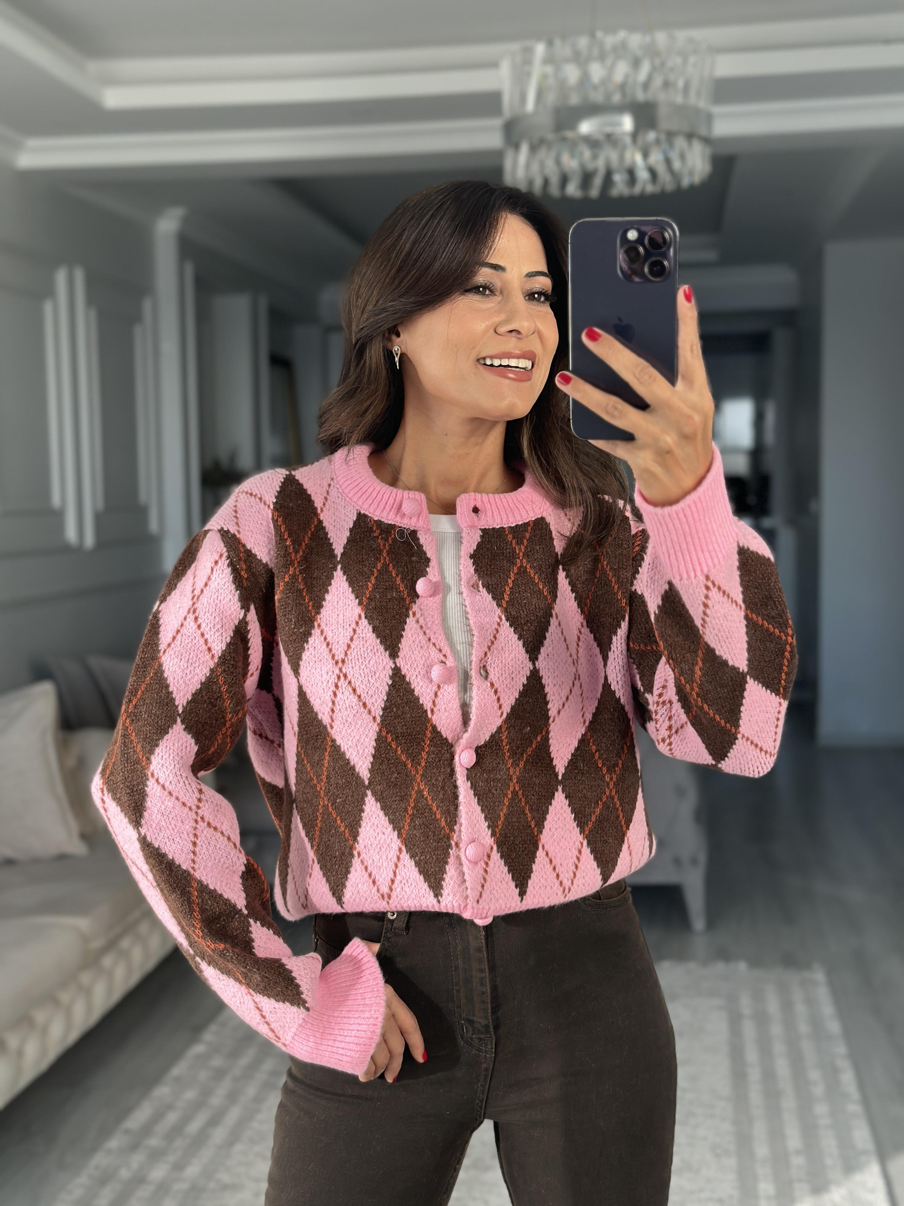 Pembe Kahverengi Baklava Desen Bisiklet Yaka Kadın Triko Hırka