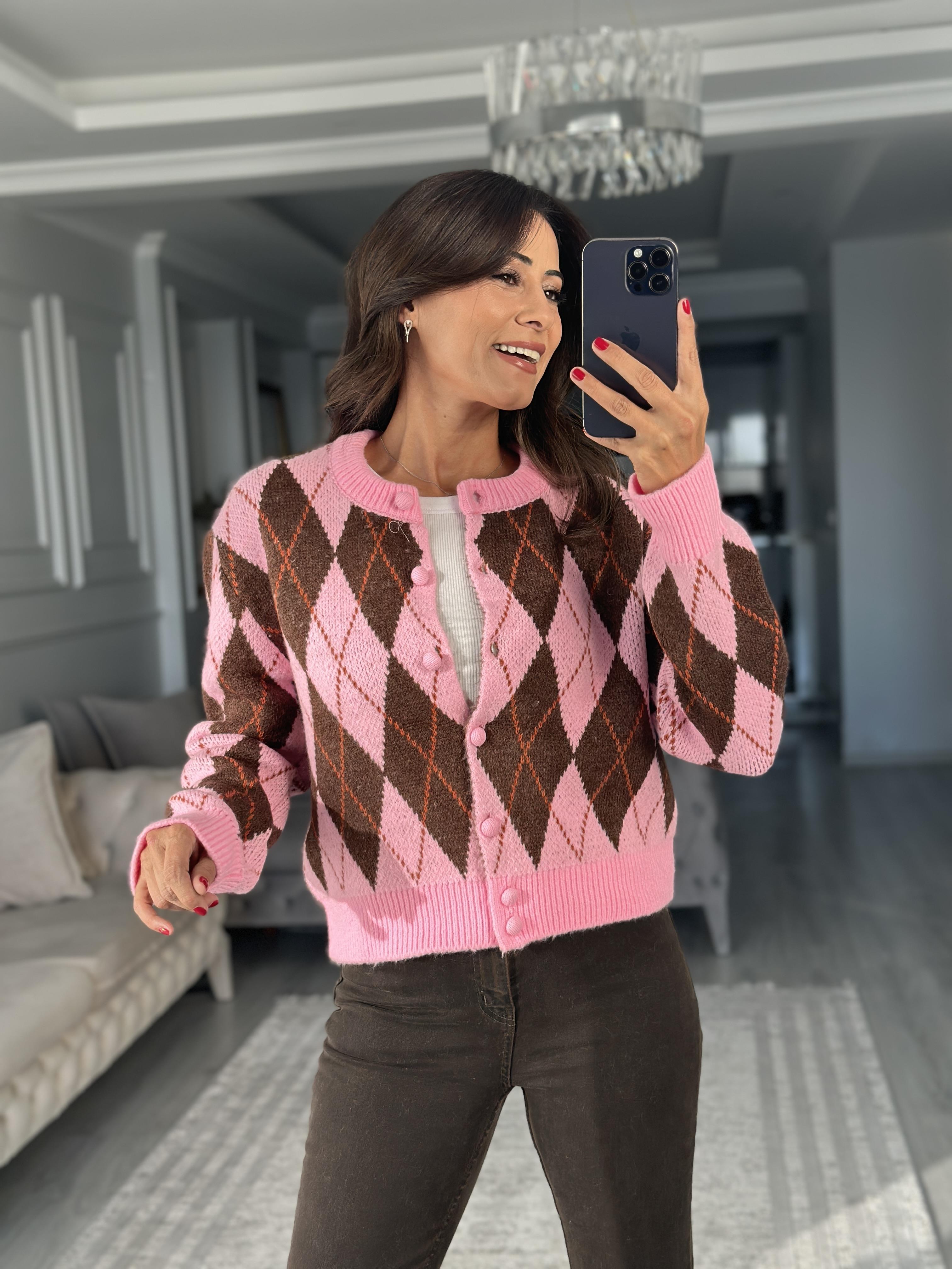 Pembe Kahverengi Baklava Desen Bisiklet Yaka Kadın Triko Hırka