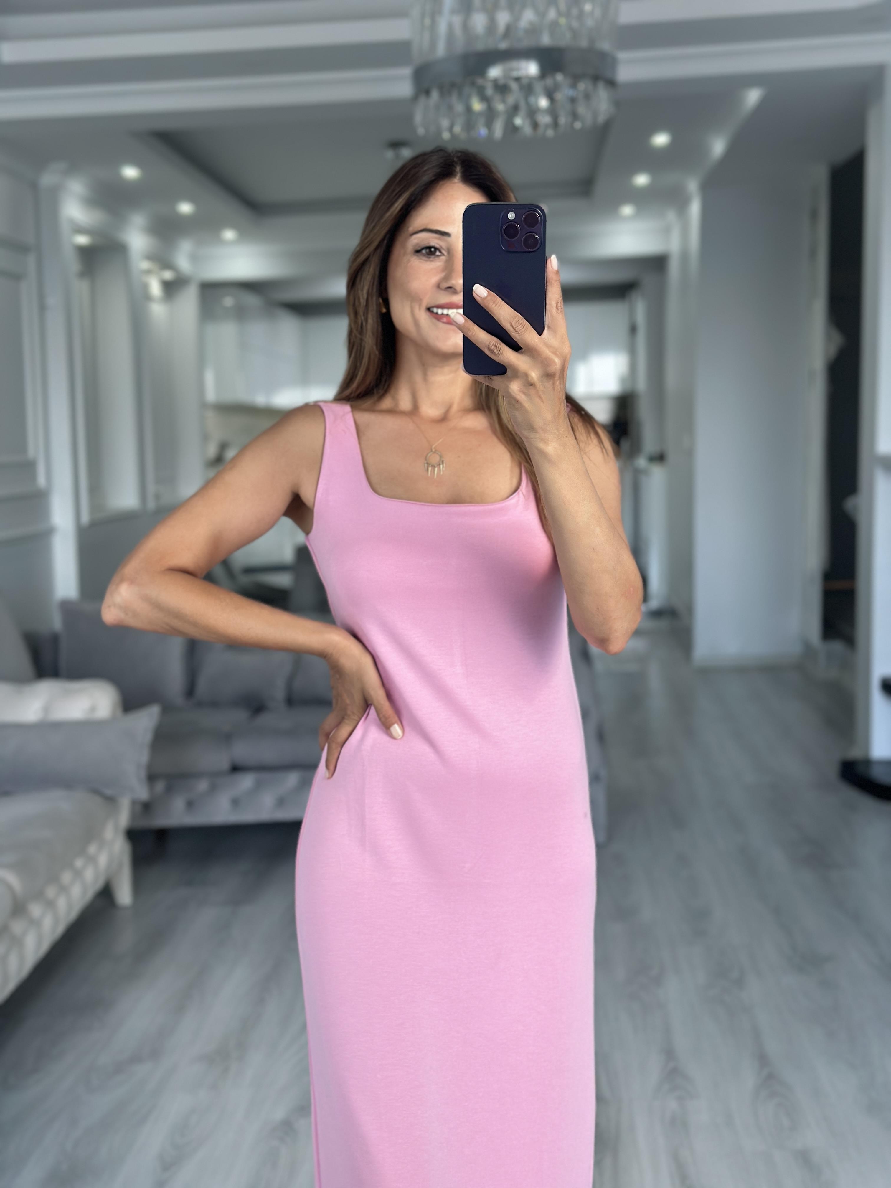 Pembe Kare Yaka Düz Basic Midi Boy Kadın Elbise 